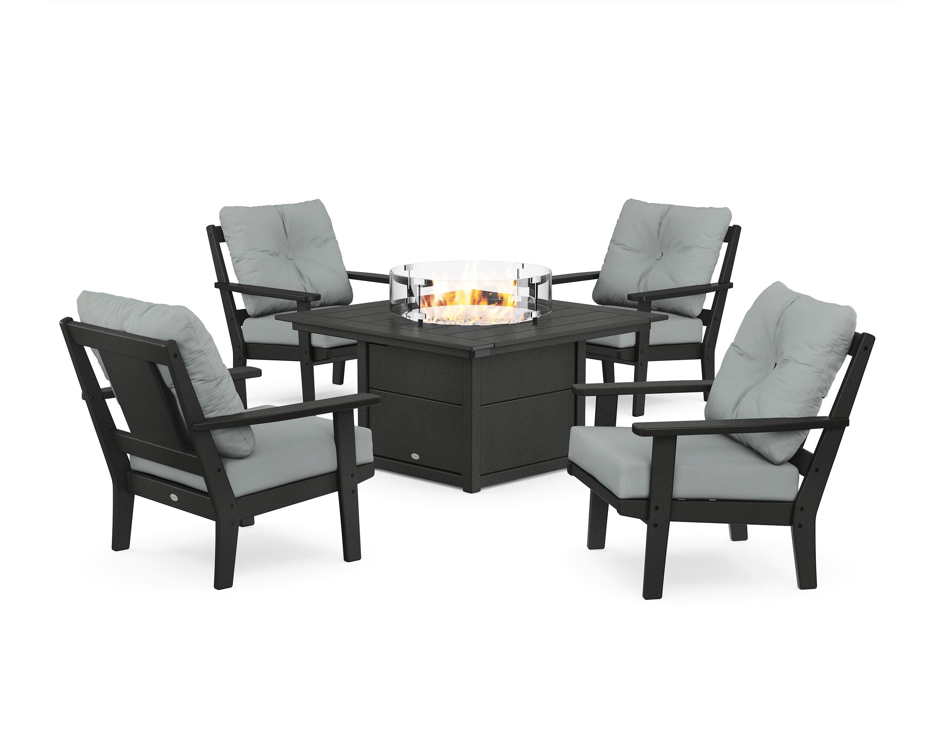 POLYWOOD Prairie 5-Piece Deep Seating Set with Fire Pit Table in Black / Spa