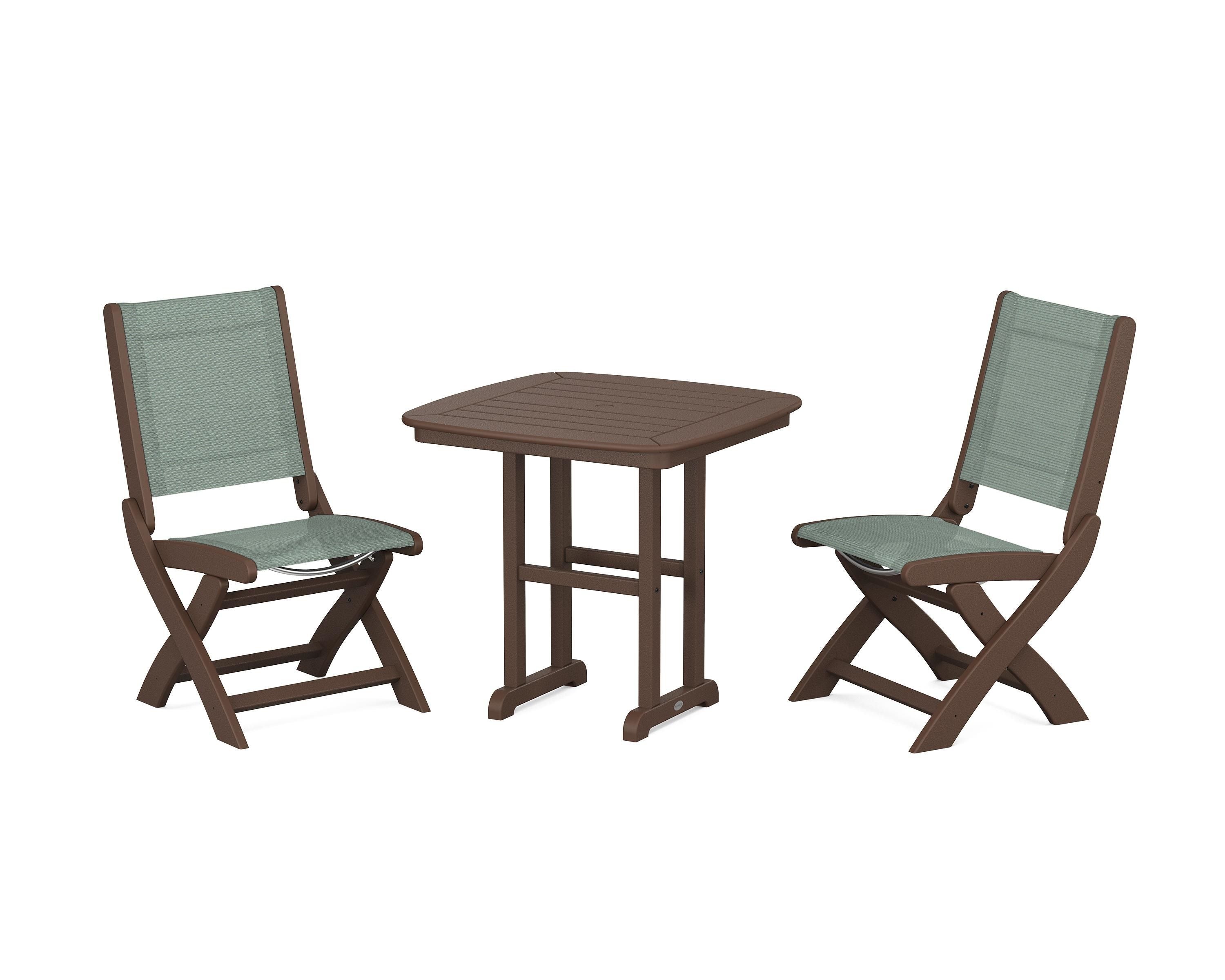 POLYWOOD Coastal Folding Side Chair 3-Piece Dining Set in Mahogany / Dupioni Sea Mist Sling