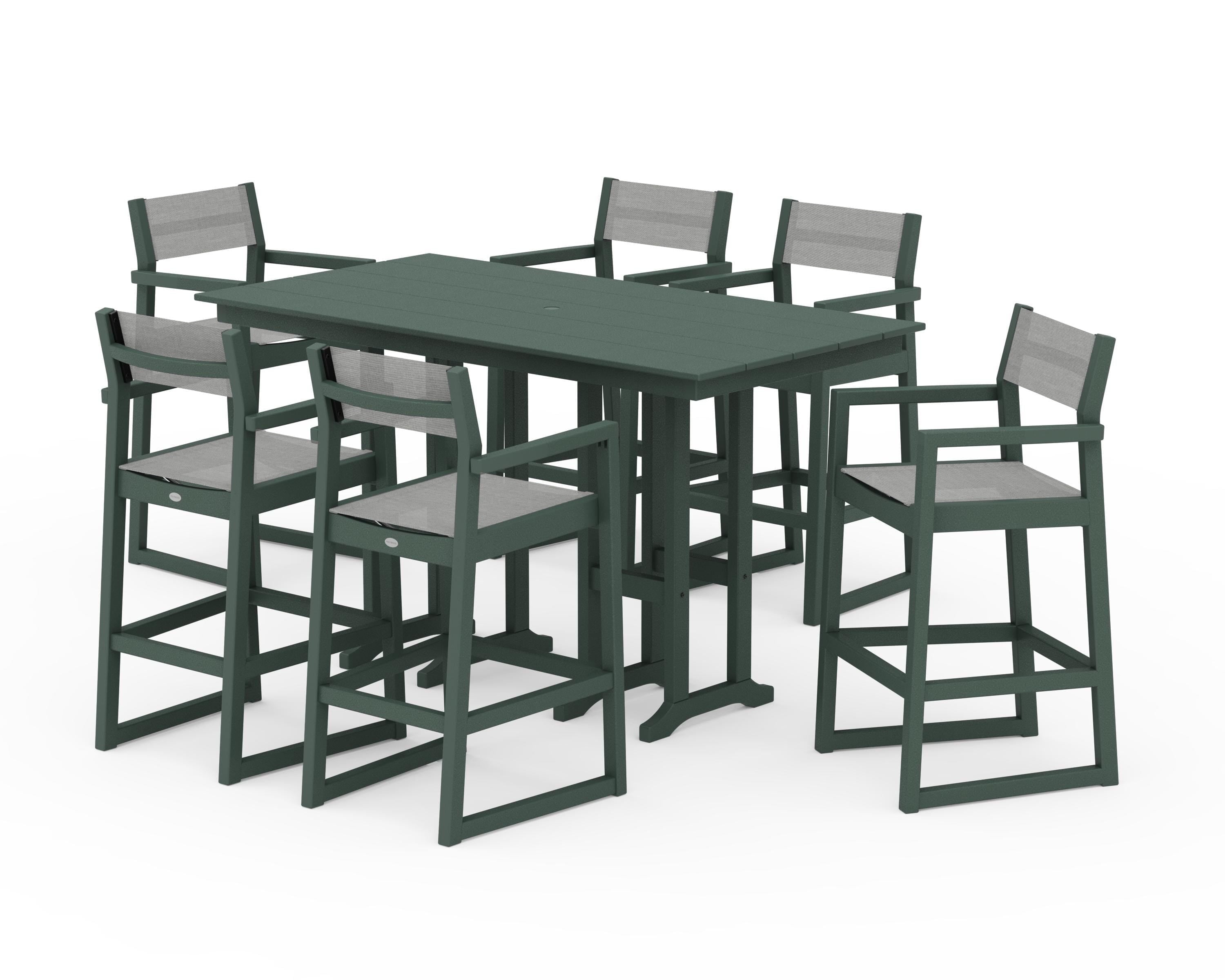 POLYWOOD EDGE Sling Arm Chair 7-Piece Farmhouse Bar Set in Green / Metallic Sling