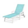 POLYWOOD Coastal Chaise with Wheels in White / Dupioni Aquamarine Sling
