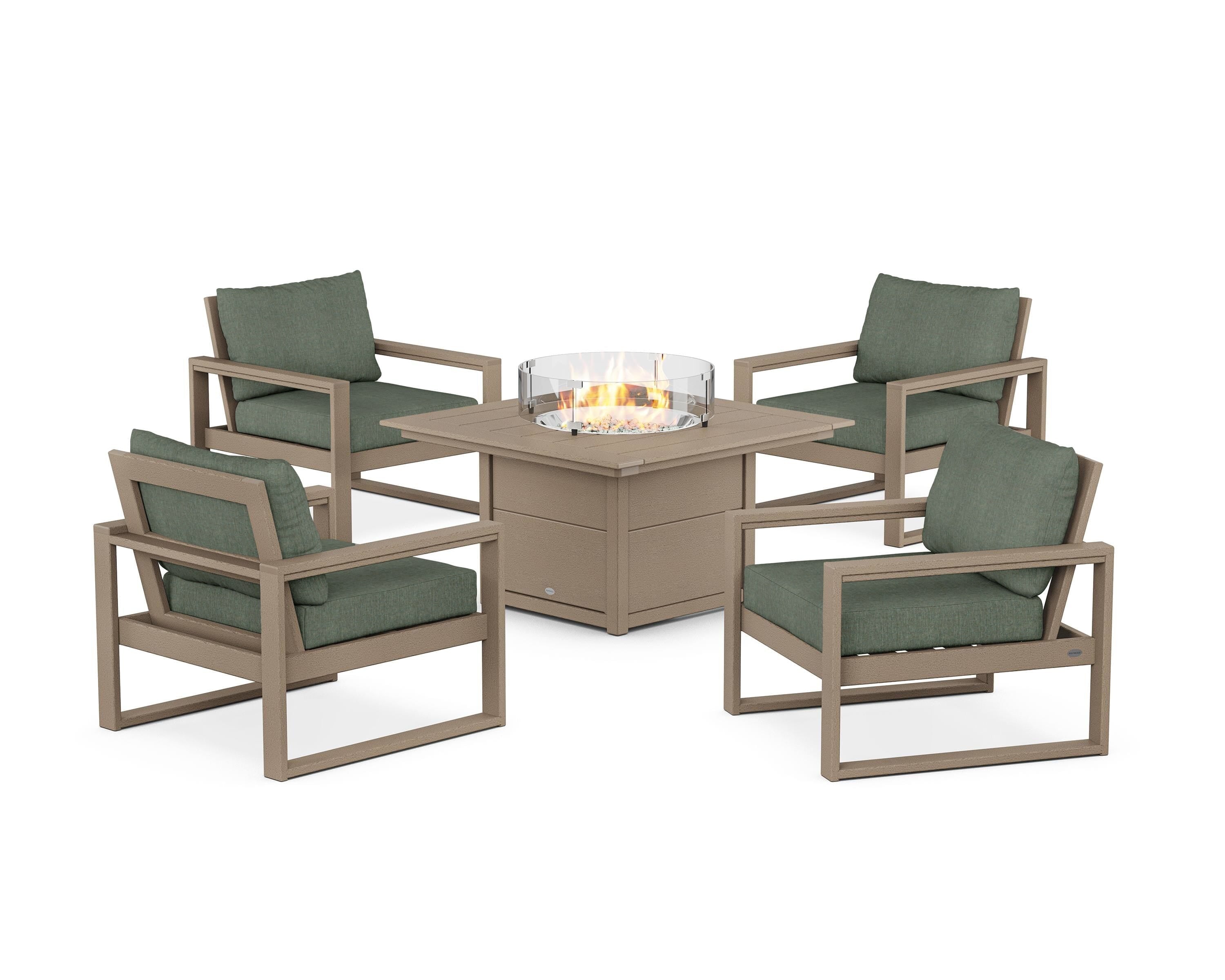 POLYWOOD EDGE Sectional 5-Piece Deep Seating Set with Fire Pit Table in Vintage Sahara / Cast Sage
