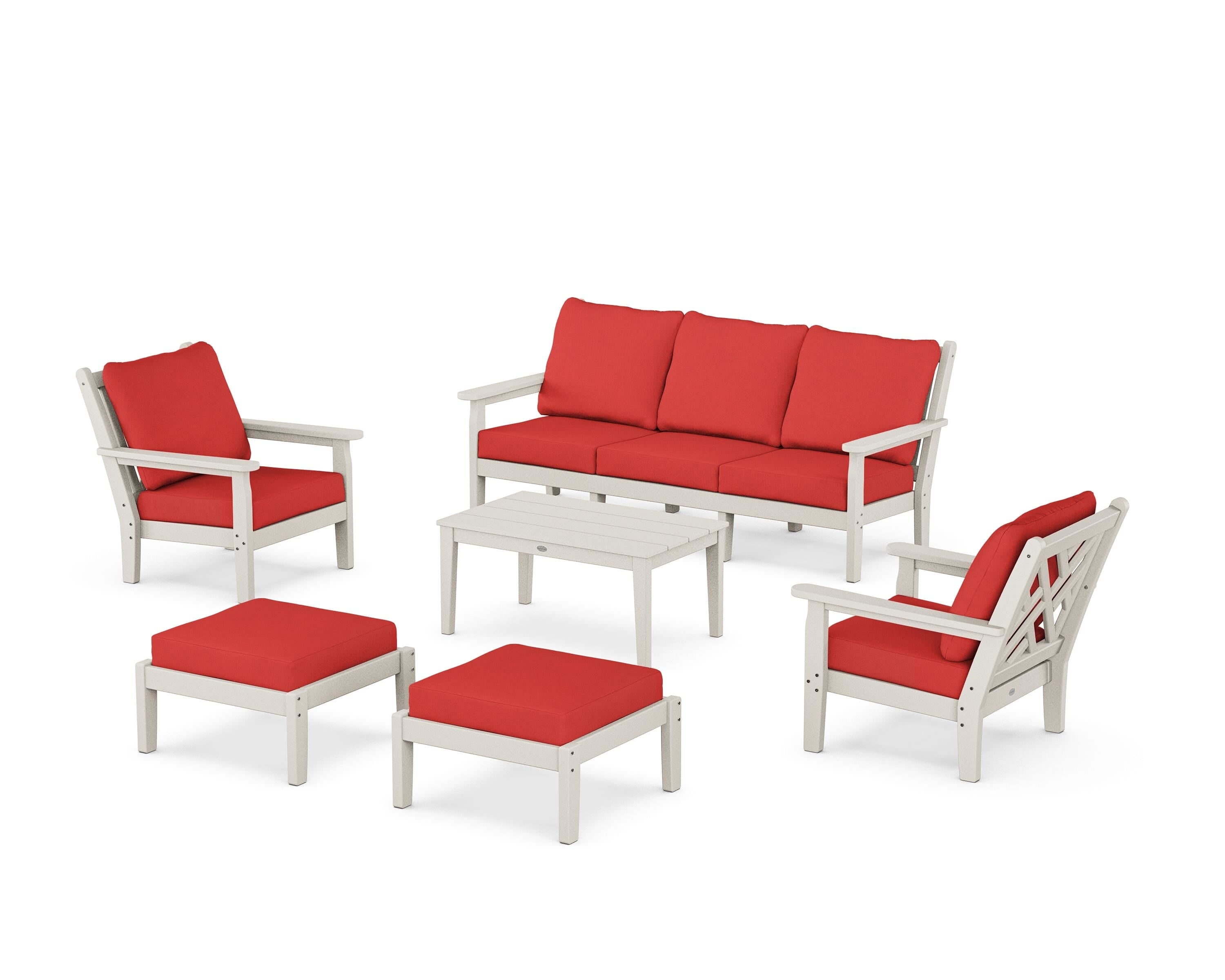 POLYWOOD Chippendale 6-Piece Lounge Sofa Set in Sand / Crimson Linen