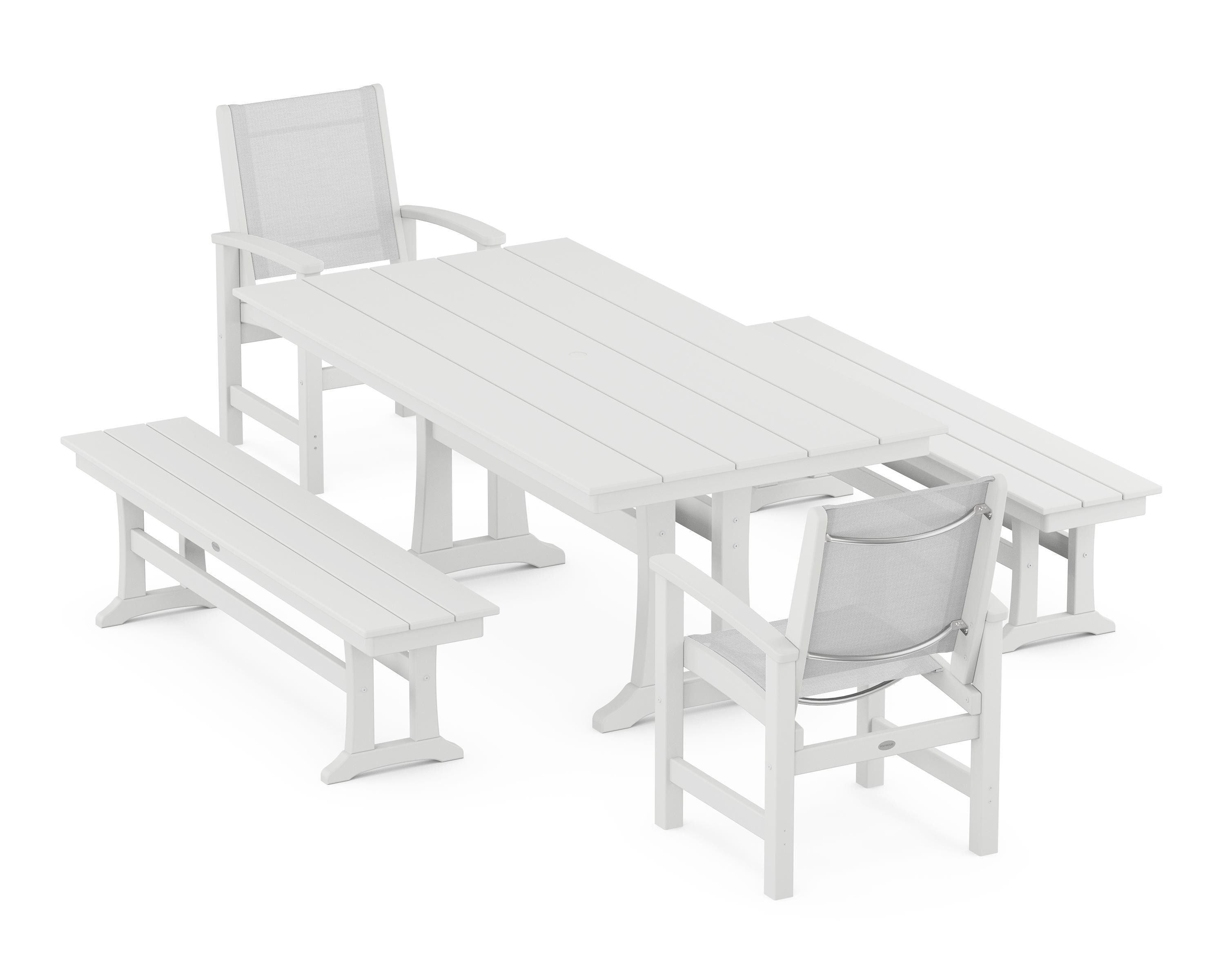 POLYWOOD Coastal 5-Piece Farmhouse Dining Set with Trestle Legs and Benches in White / White Sling