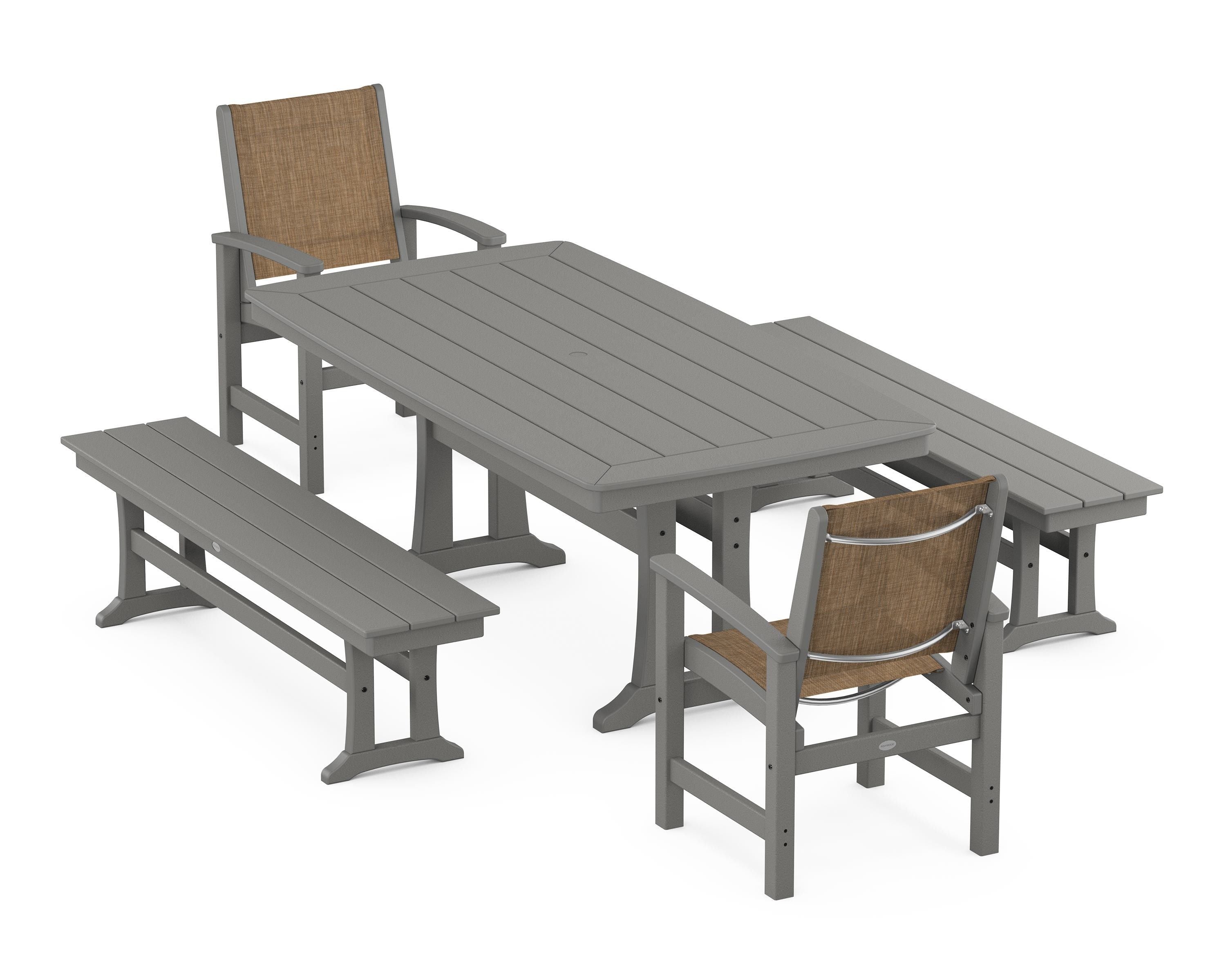 POLYWOOD Coastal 5-Piece Dining Set with Trestle Legs and Benches in Slate Grey / Burlap Sling