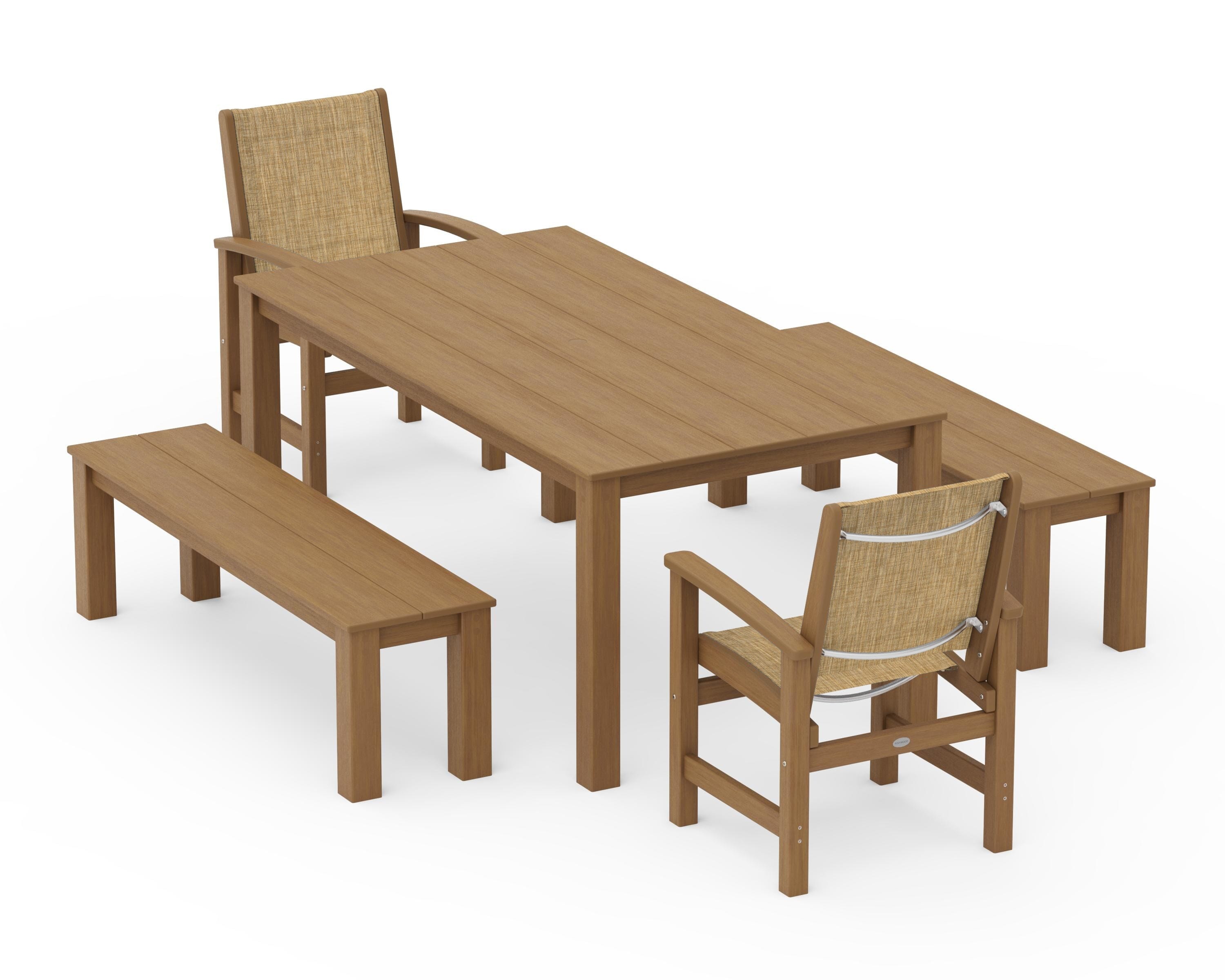 POLYWOOD Coastal 5-Piece Parsons Dining Set with Benches in Natural / Burlap Sling