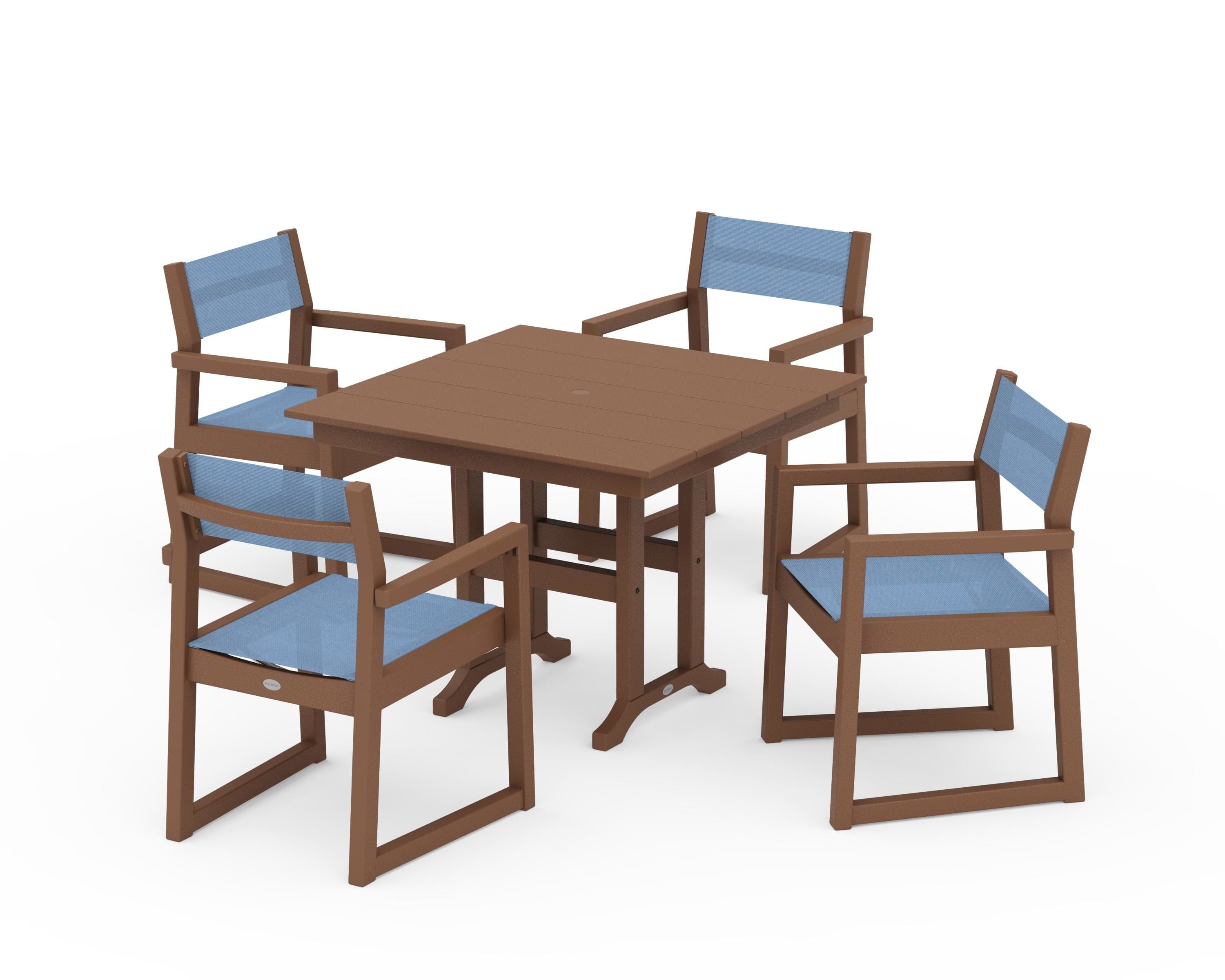 POLYWOOD EDGE Sling Arm Chair 5-Piece Farmhouse Dining Set in Teak / Poolside Sling
