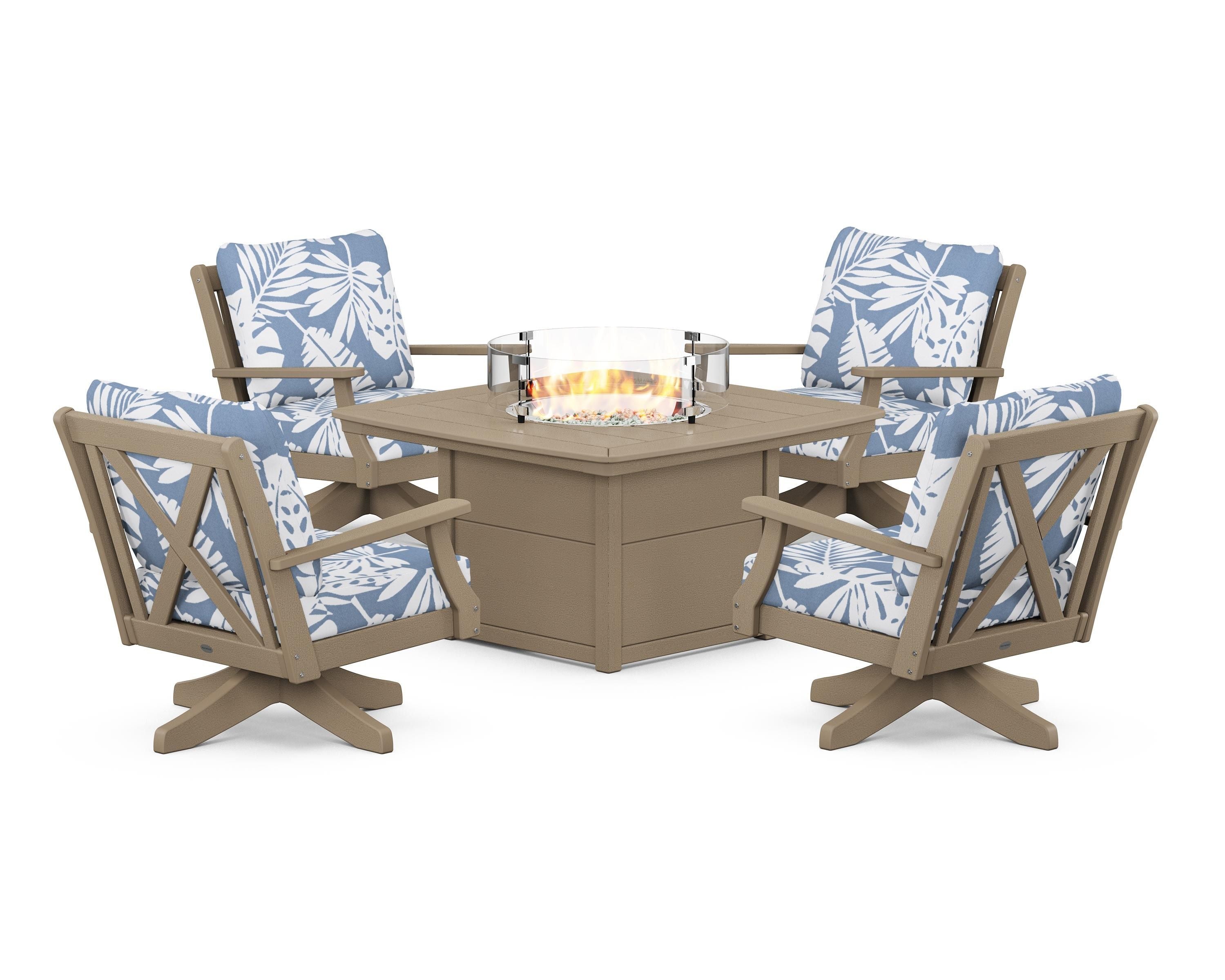 POLYWOOD Braxton 5-Piece Deep Seating Swivel Conversation Set with Fire Pit Table in Vintage Sahara / Leaf Sky Blue