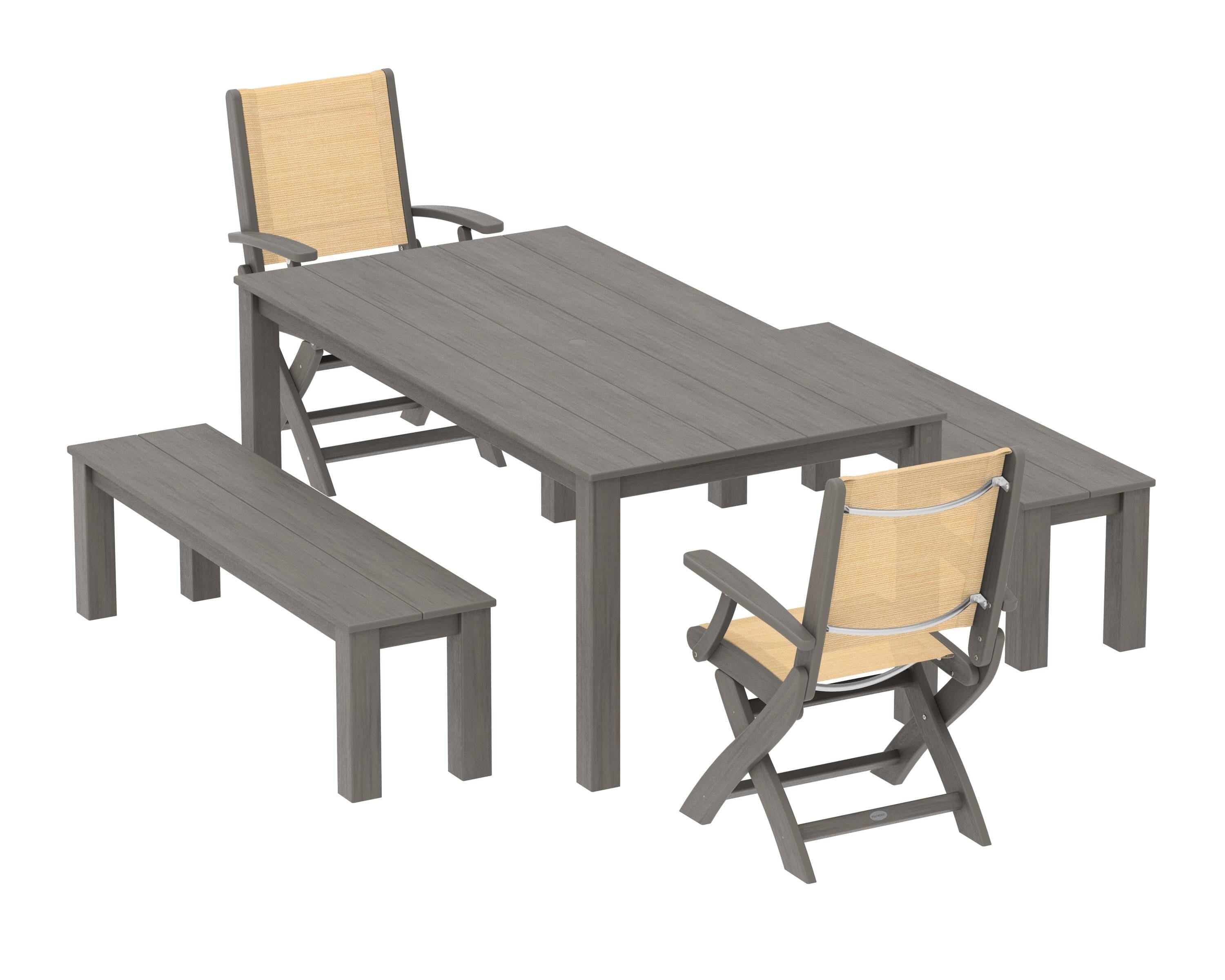 POLYWOOD Coastal Folding Chair 5-Piece Parsons Dining Set with Benches in Driftwood / Dupioni Apricot Sling