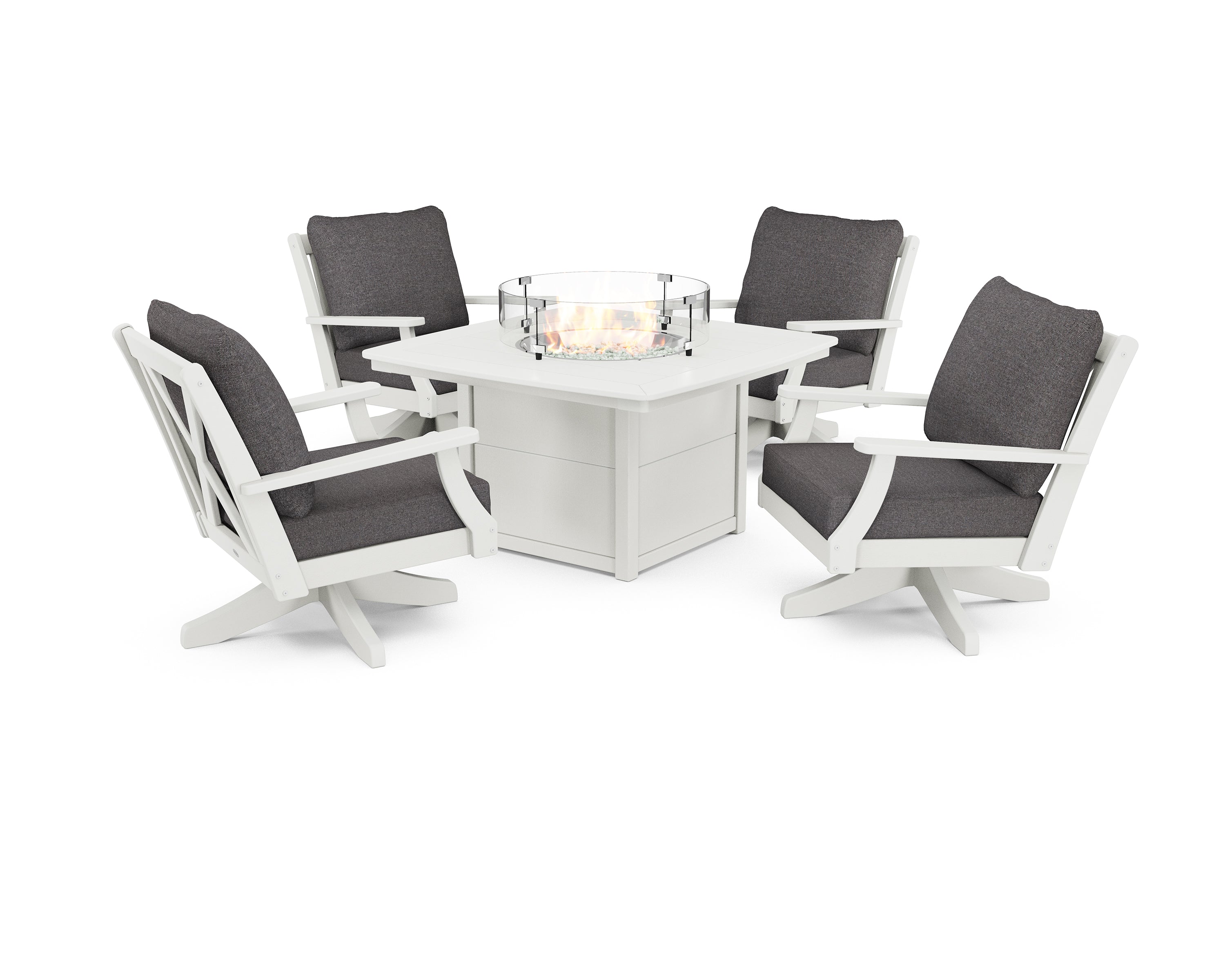 POLYWOOD Braxton 5-Piece Deep Seating Swivel Conversation Set with Fire Pit Table in Vintage White / Ash Charcoal