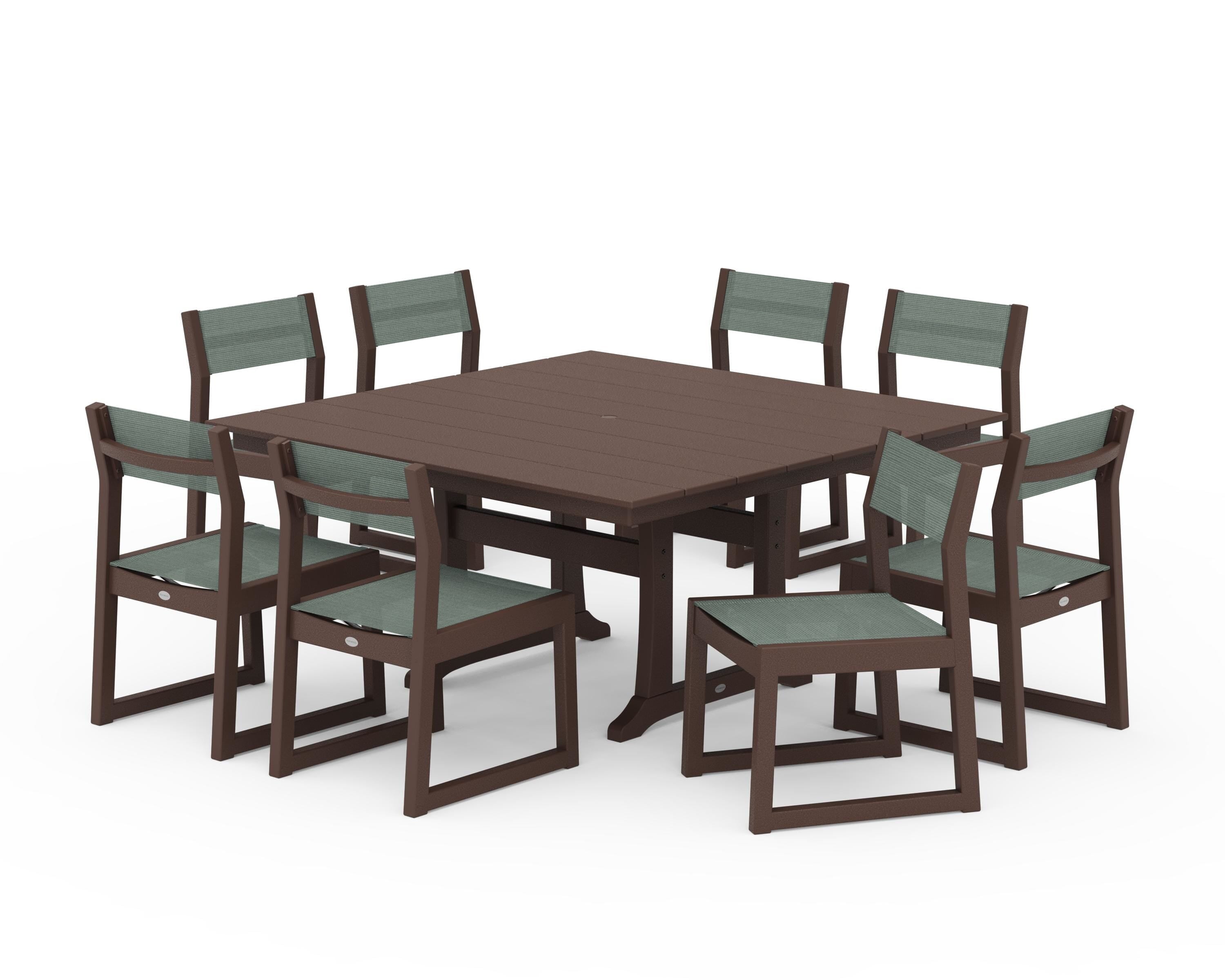 POLYWOOD EDGE Sling Side Chair 9-Piece Farmhouse Trestle Dining Set in Mahogany / Dupioni Sea Mist Sling