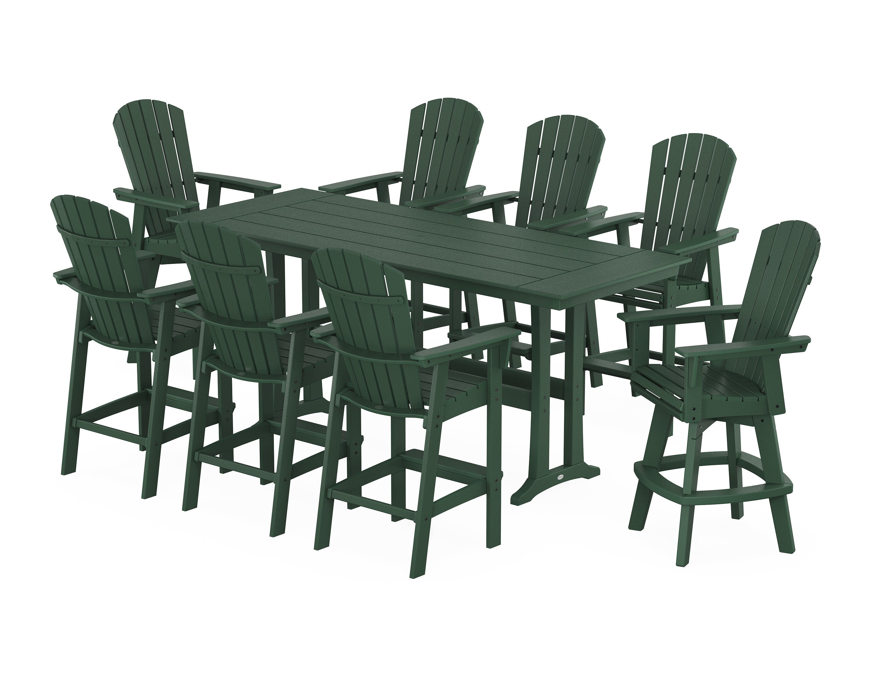 POLYWOOD® Nautical Curveback Adirondack Swivel 9-Piece Farmhouse Swivel Bar Set with Trestle Legs in Green