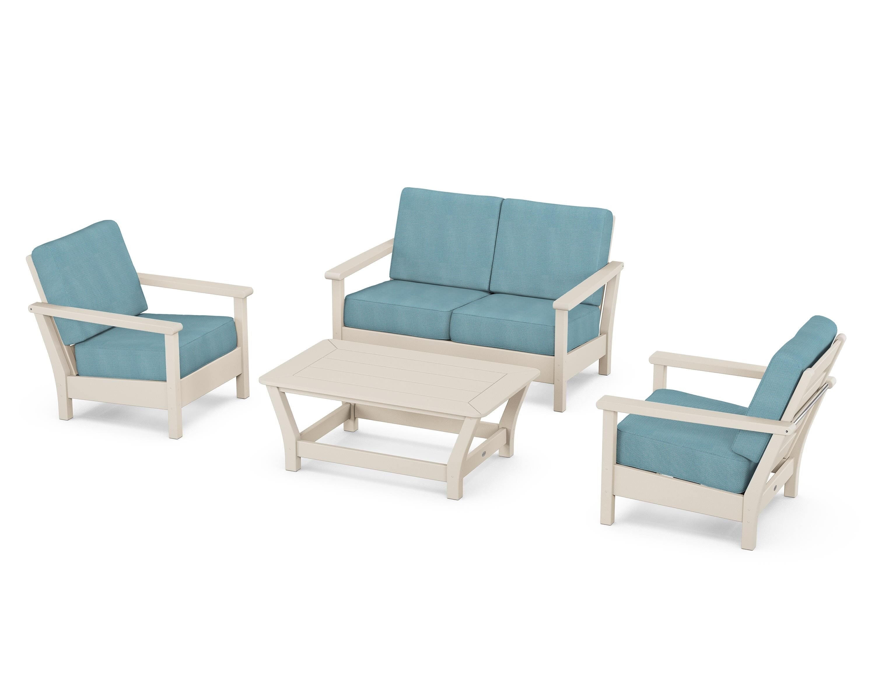 POLYWOOD Harbour 4-Piece Deep Seating Set in Sand / Lattice Sky Blue