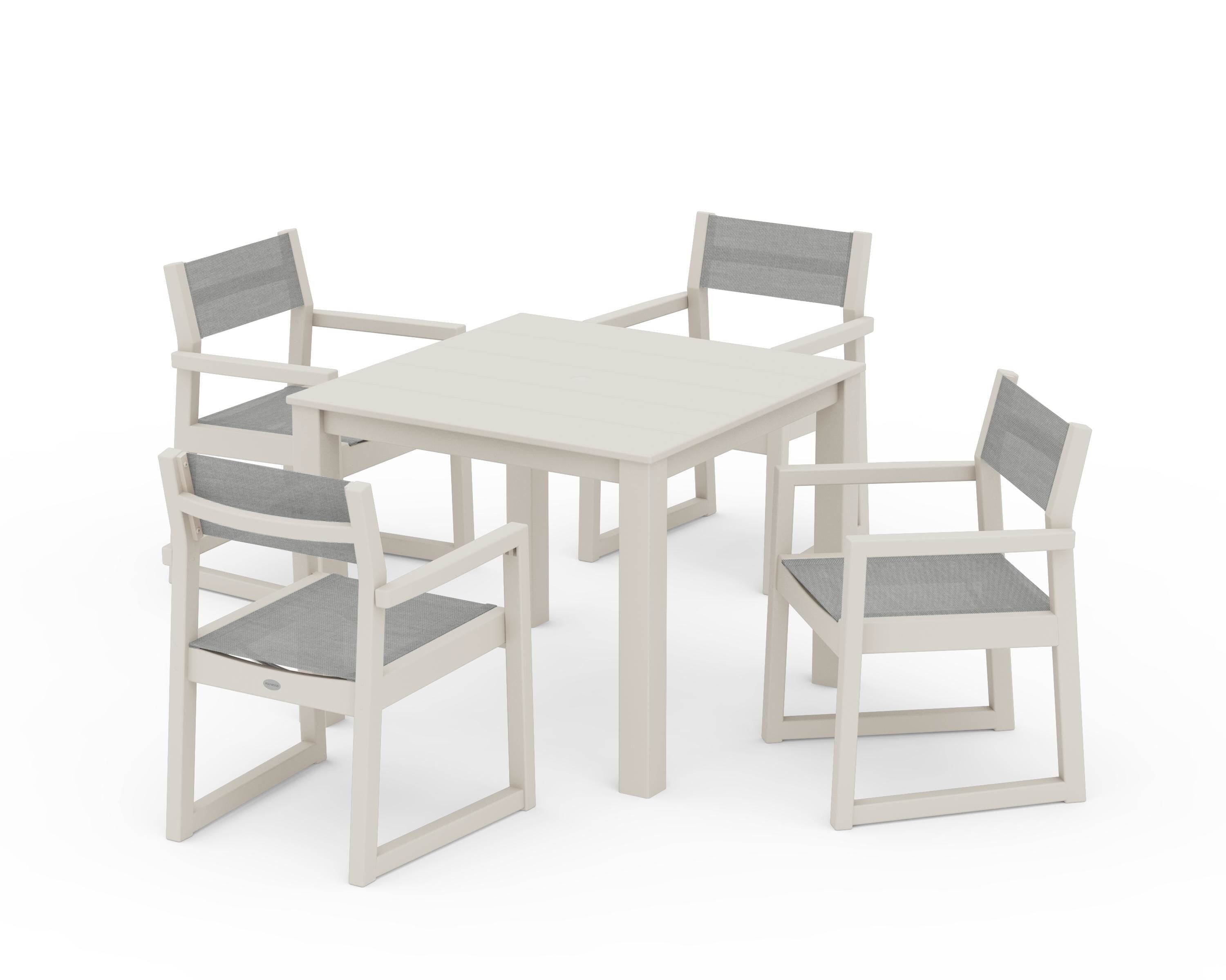 POLYWOOD EDGE Sling Arm Chair 5-Piece Parsons Dining Set in Sand / Metallic Sling