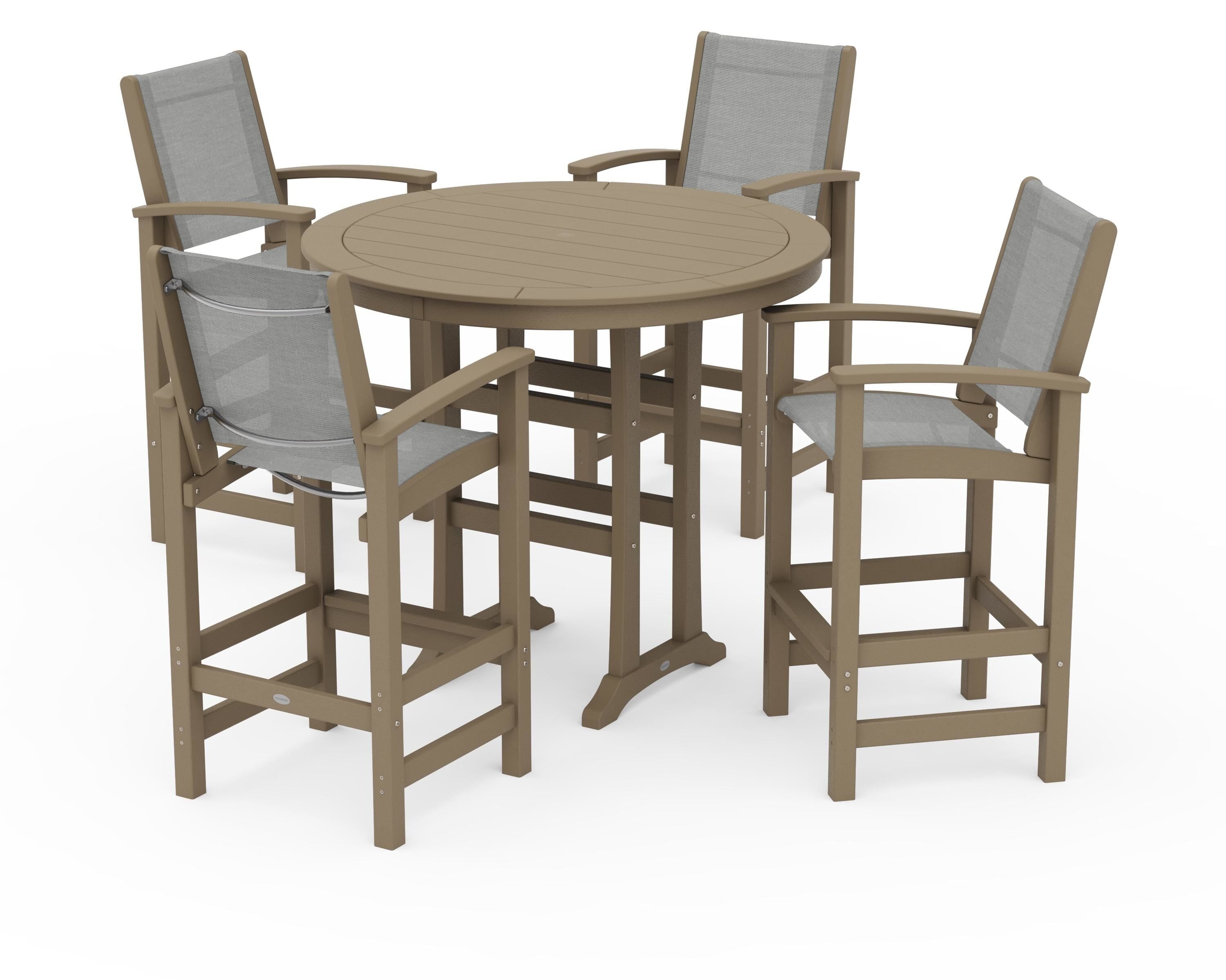 POLYWOOD Coastal 5-Piece Nautical Trestle Bar Set in Vintage Sahara / Metallic Sling