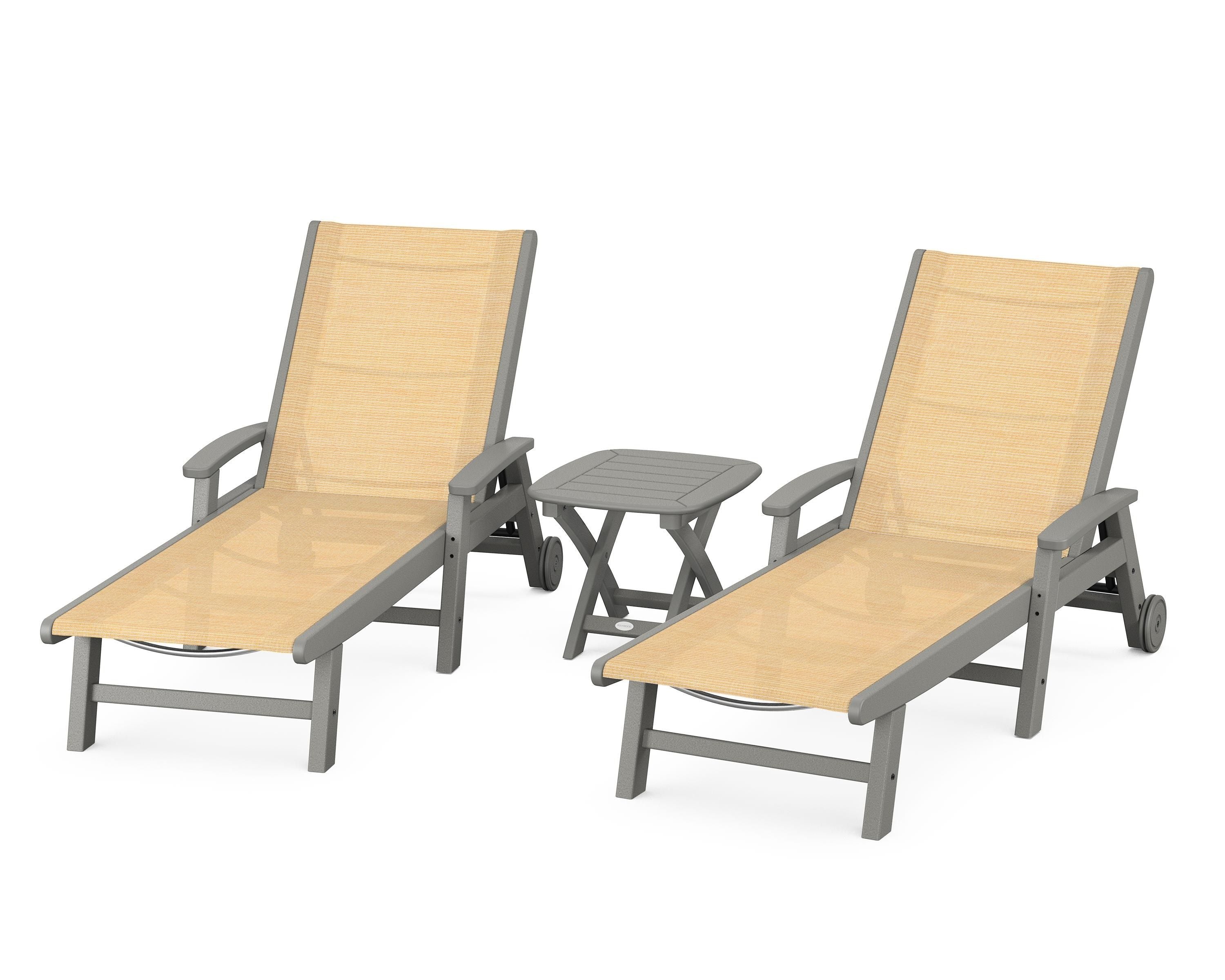 POLYWOOD Coastal 3-Piece Wheeled Chaise Set in Slate Grey / Dupioni Apricot Sling