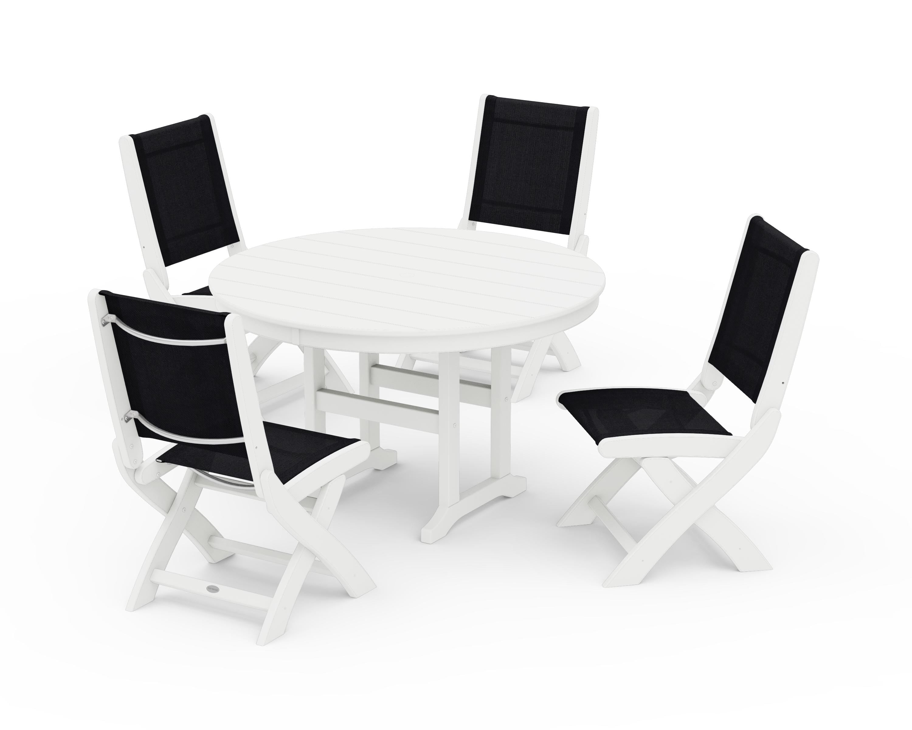 POLYWOOD Coastal Folding Side Chair 5-Piece Round Dining Set in White / Black Sling
