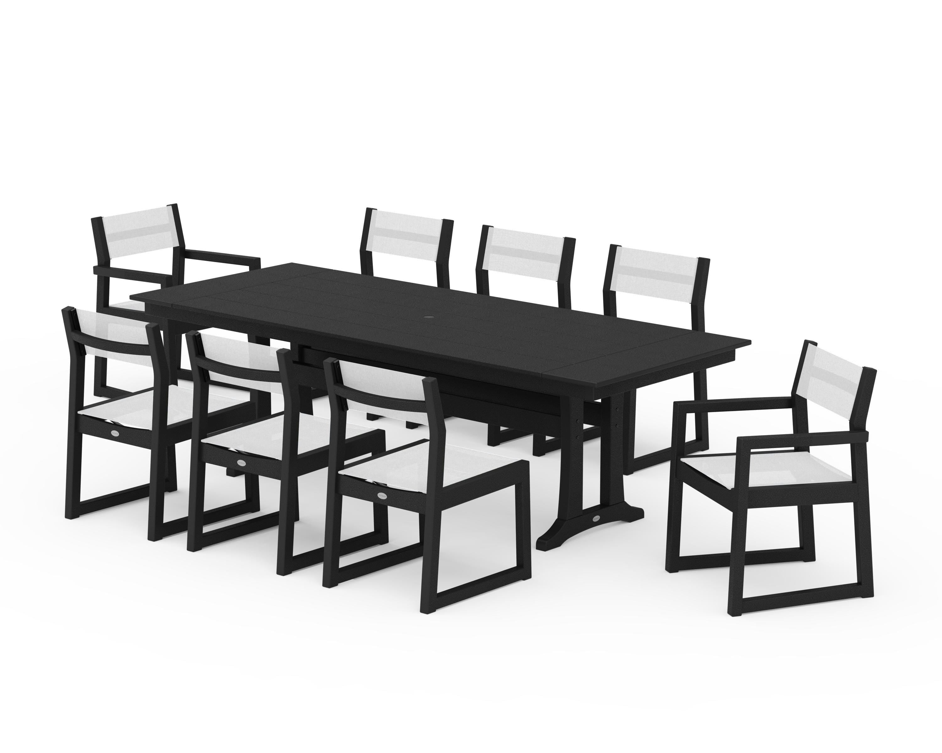 POLYWOOD EDGE Sling 9-Piece Farmhouse Trestle Dining Set in Black / White Sling