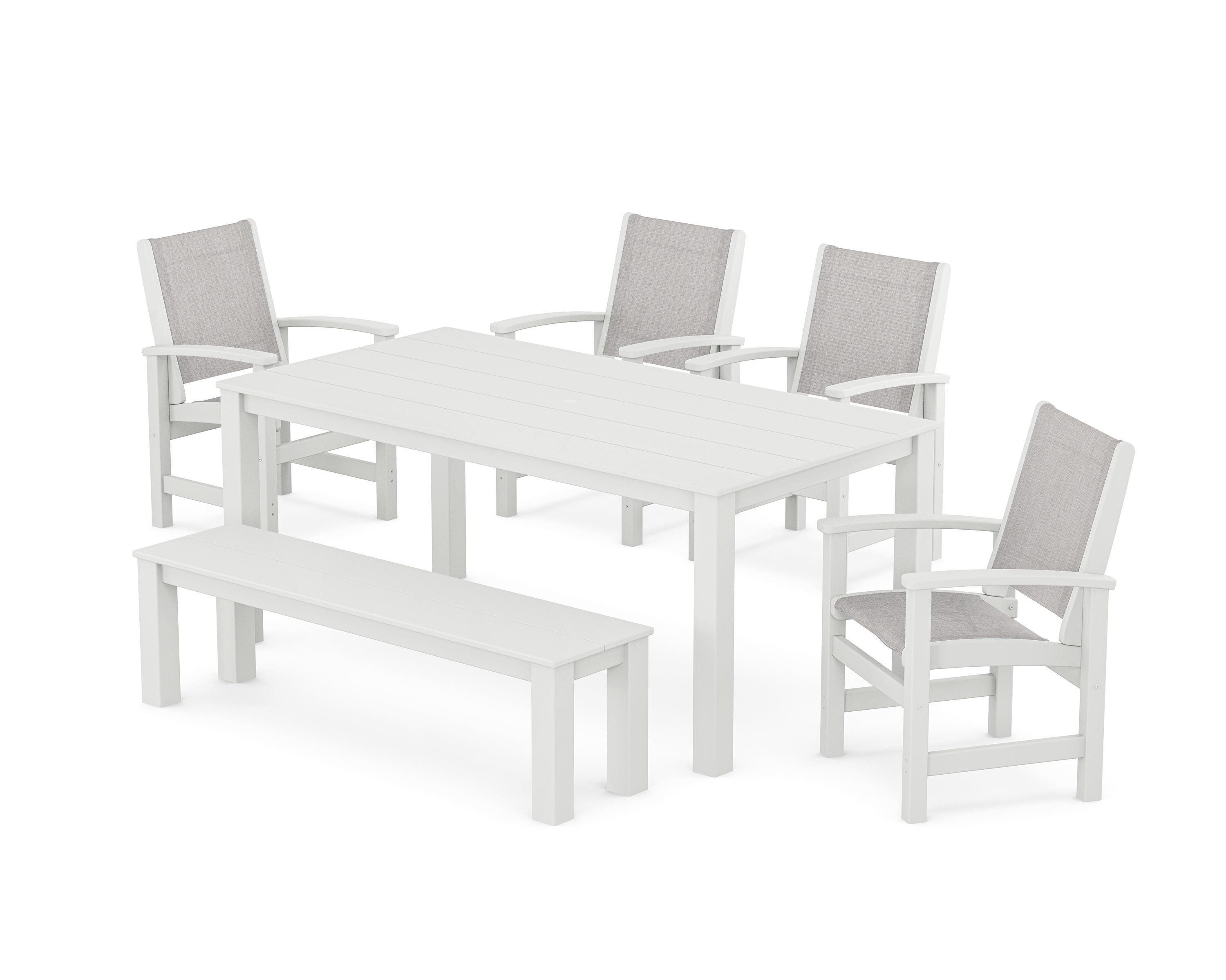 POLYWOOD Coastal 6-Piece Parsons Dining Set with Bench in White / Parchment Sling
