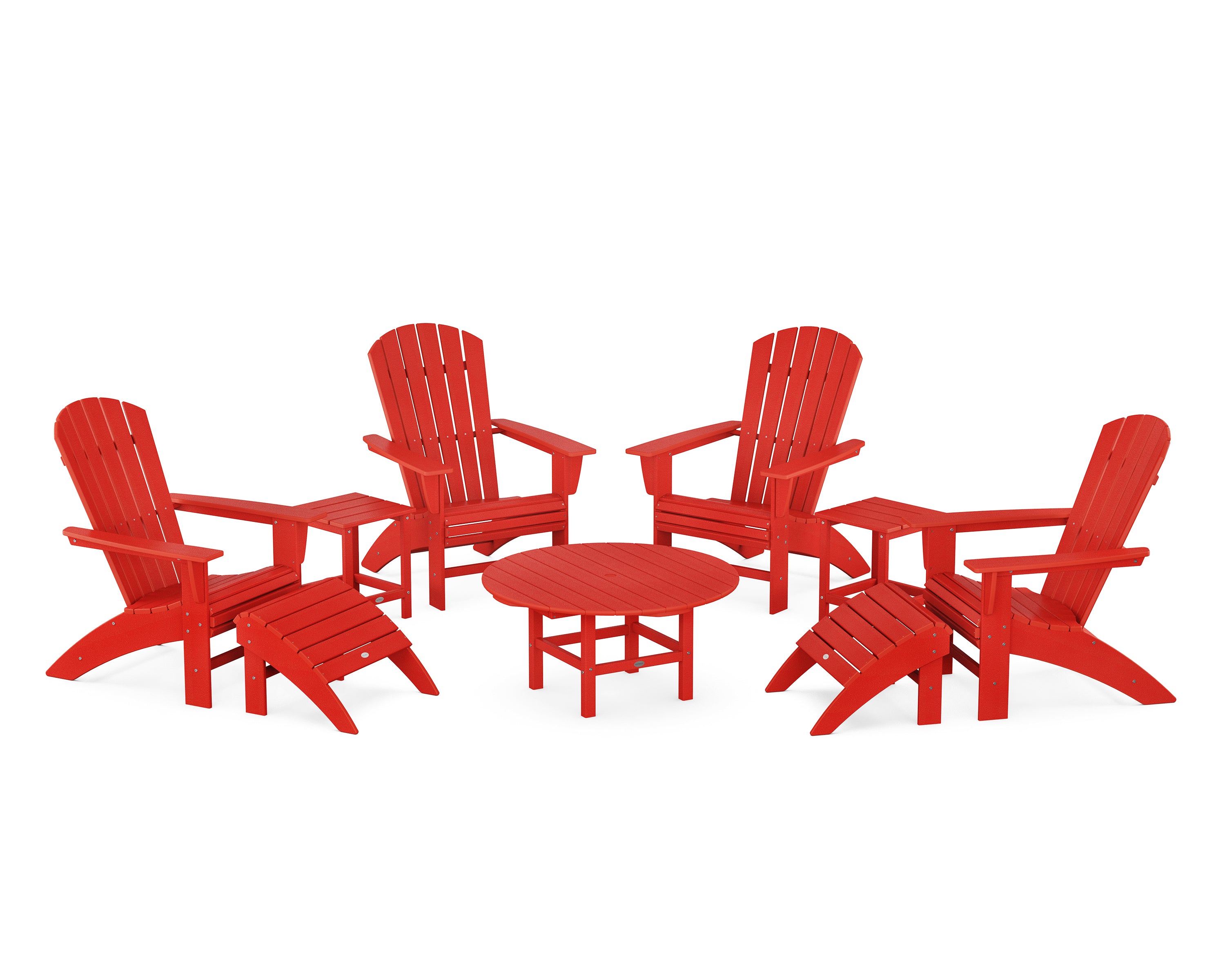 POLYWOOD® Nautical Curveback Adirondack Chair 9-Piece Conversation Set in Sunset Red