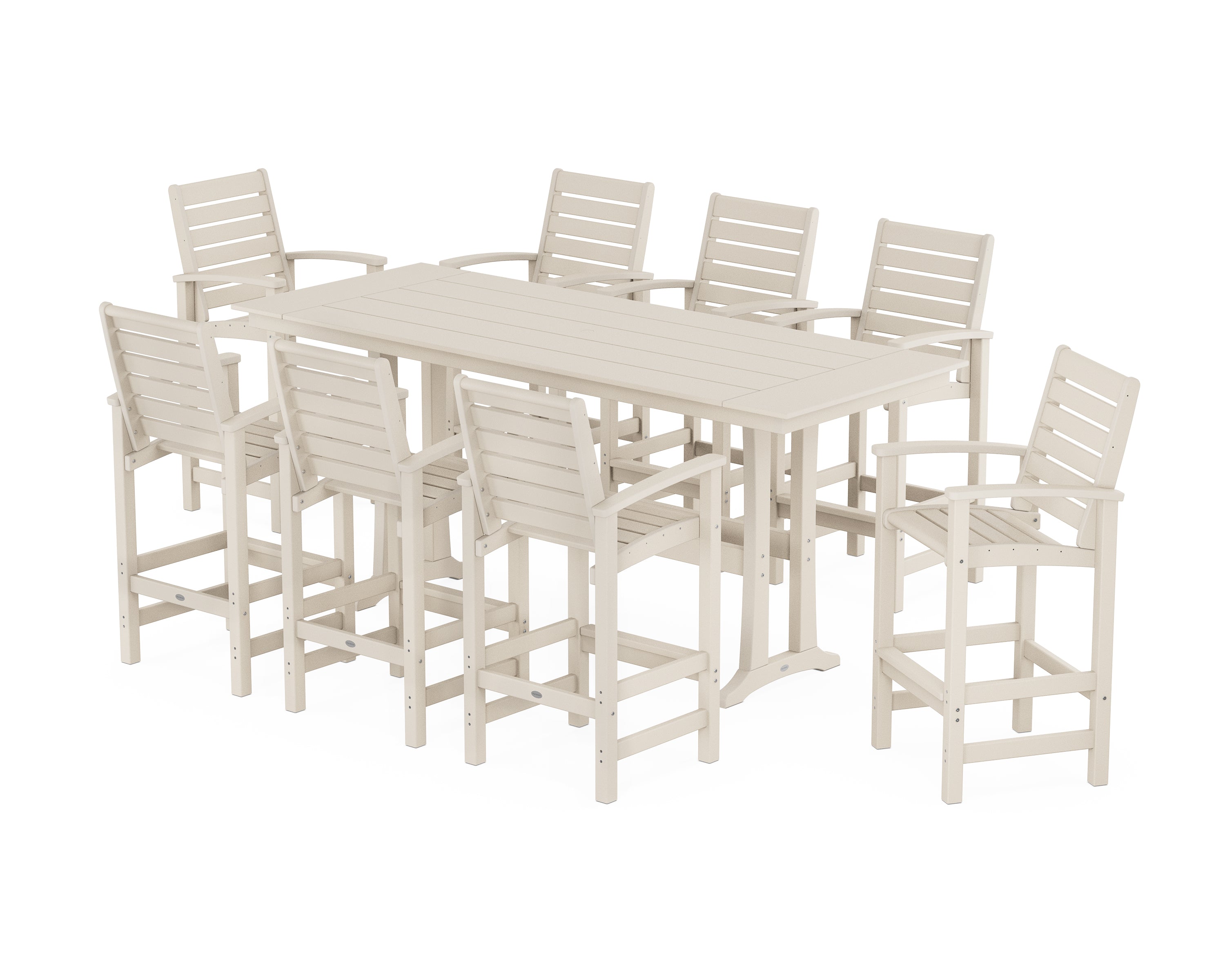 POLYWOOD® Signature 9-Piece Farmhouse Bar Set with Trestle Legs in Sand