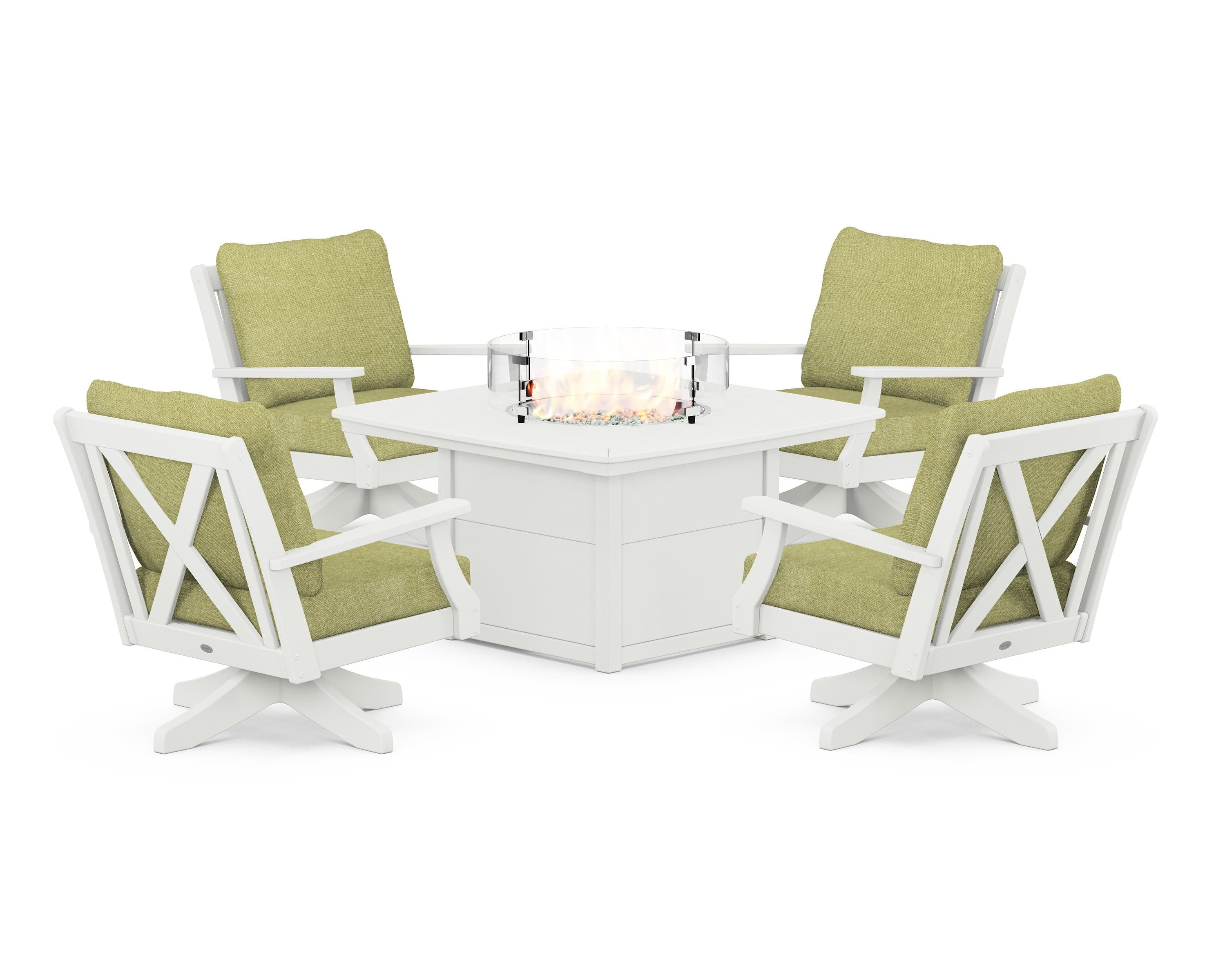 POLYWOOD Braxton 5-Piece Deep Seating Swivel Conversation Set with Fire Pit Table in Vintage White / Chartreuse Boucle