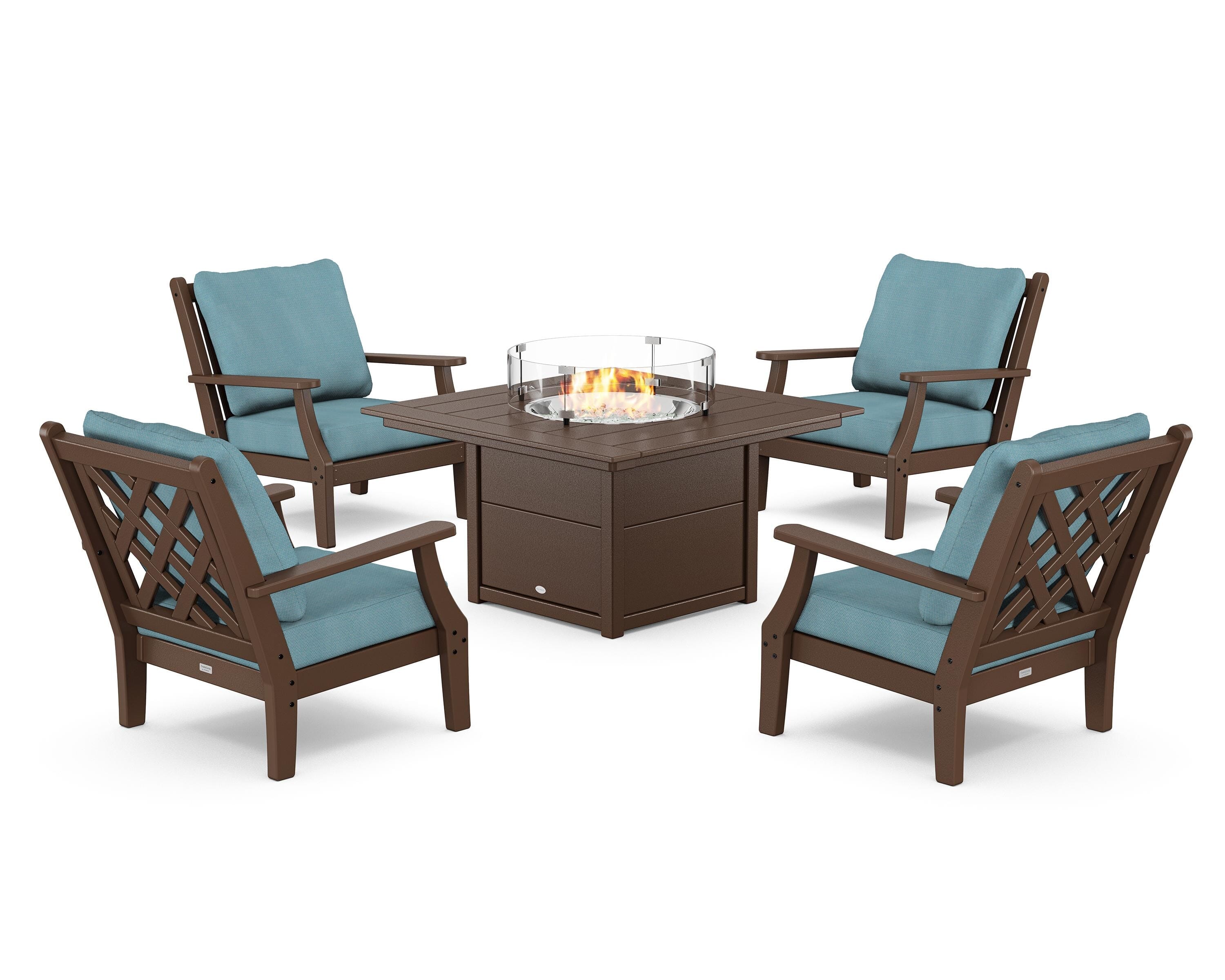 Country Living Wovendale 5-Piece Deep Seating Set with Fire Pit Table in Mahogany / Lattice Sky Blue