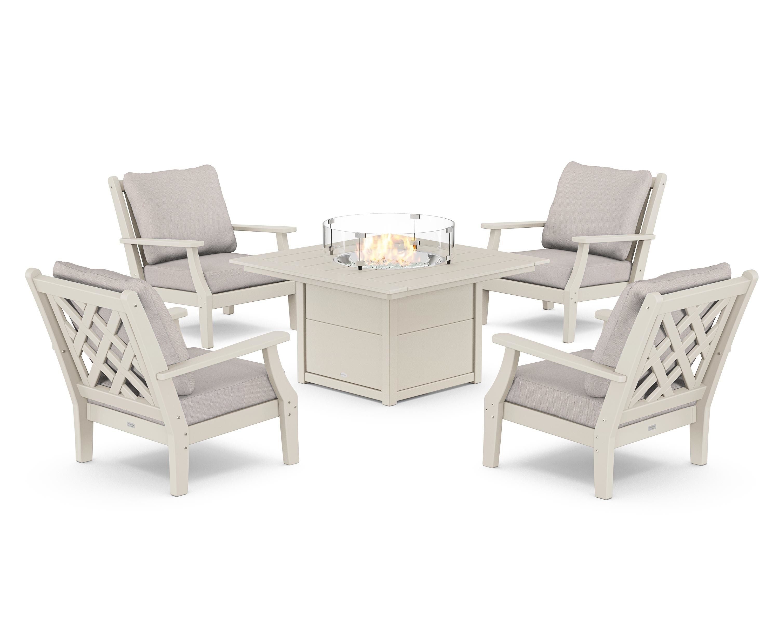 Country Living Wovendale 5-Piece Deep Seating Set with Fire Pit Table in Sand / Dune Burlap
