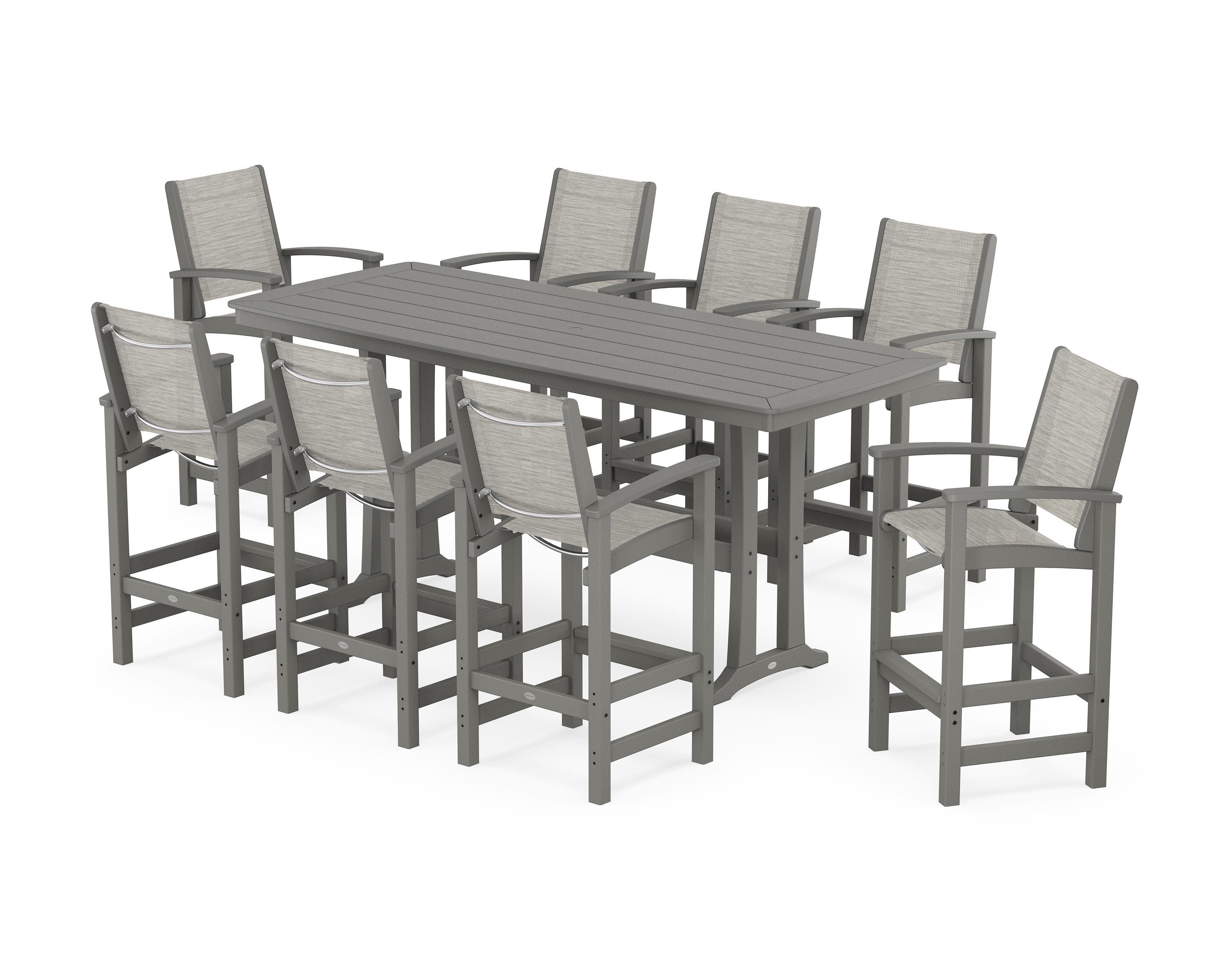 POLYWOOD Coastal 9-Piece Bar Set with Trestle Legs in Slate Grey / Birch Sling