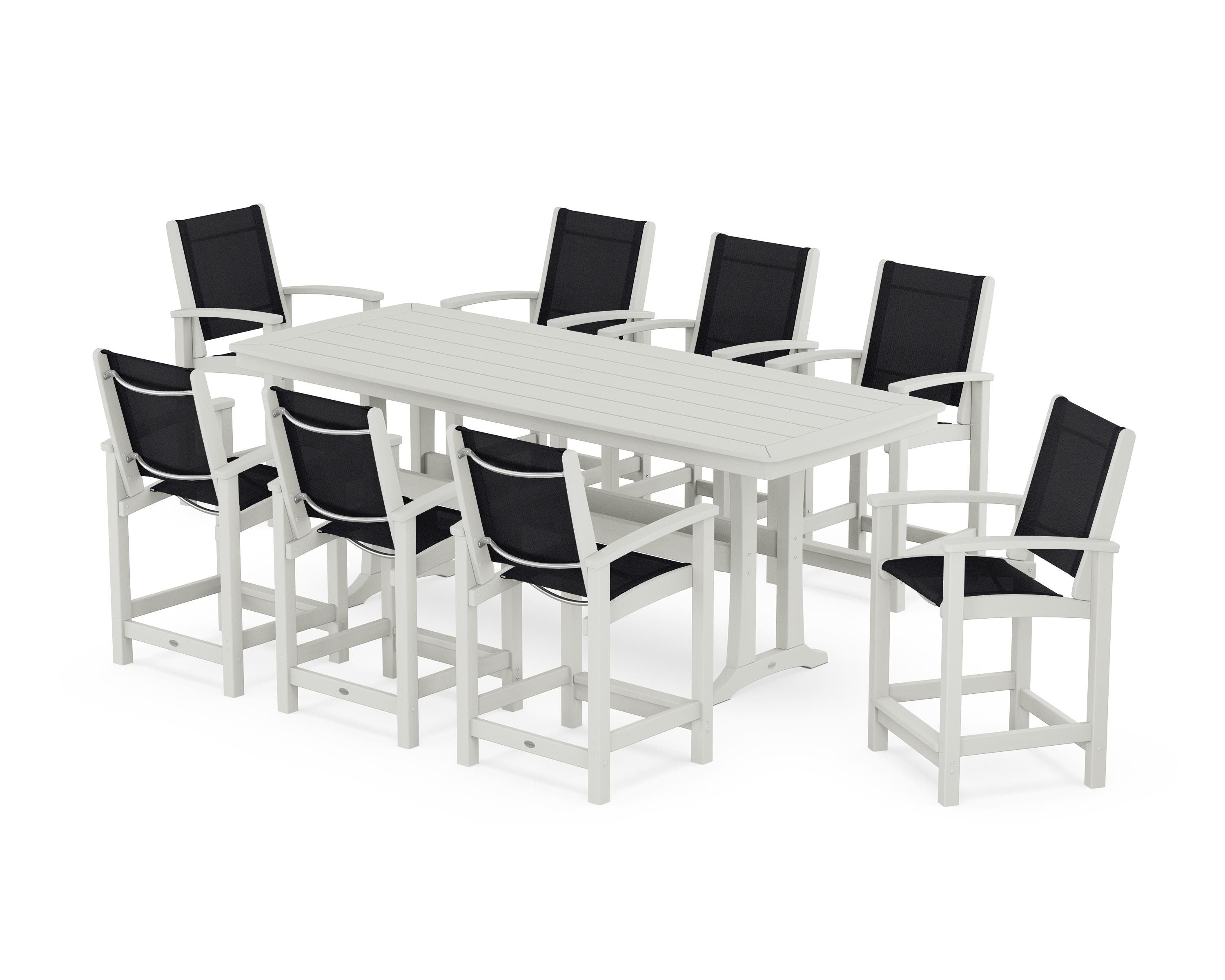 POLYWOOD Coastal 9-Piece Counter Set with Trestle Legs in Vintage White / Black Sling