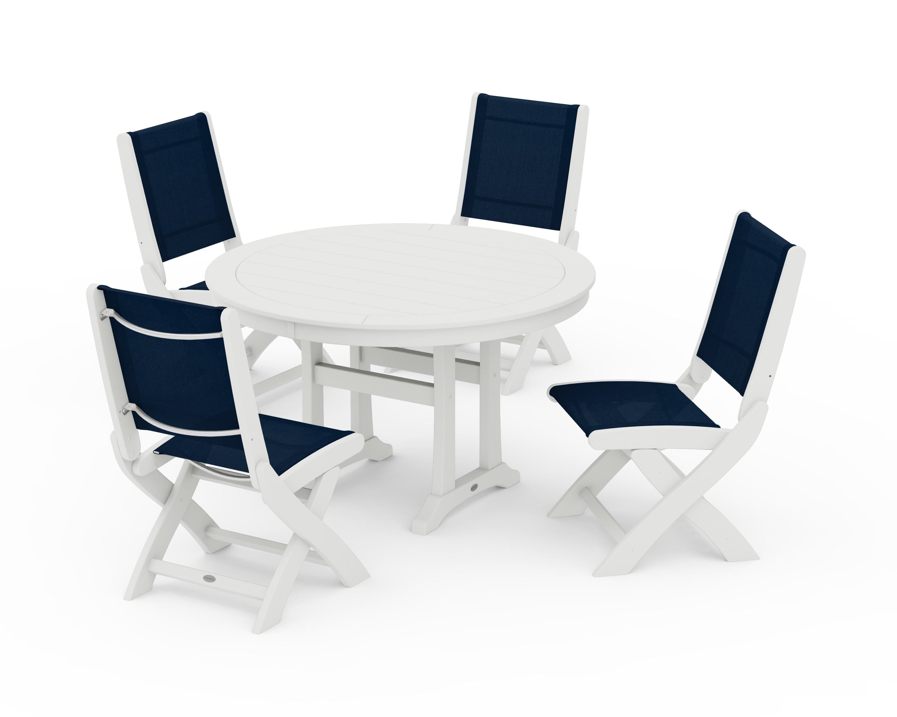 POLYWOOD Coastal Folding Side Chair 5-Piece Round Dining Set With Trestle Legs in Vintage White / Navy Blue Sling
