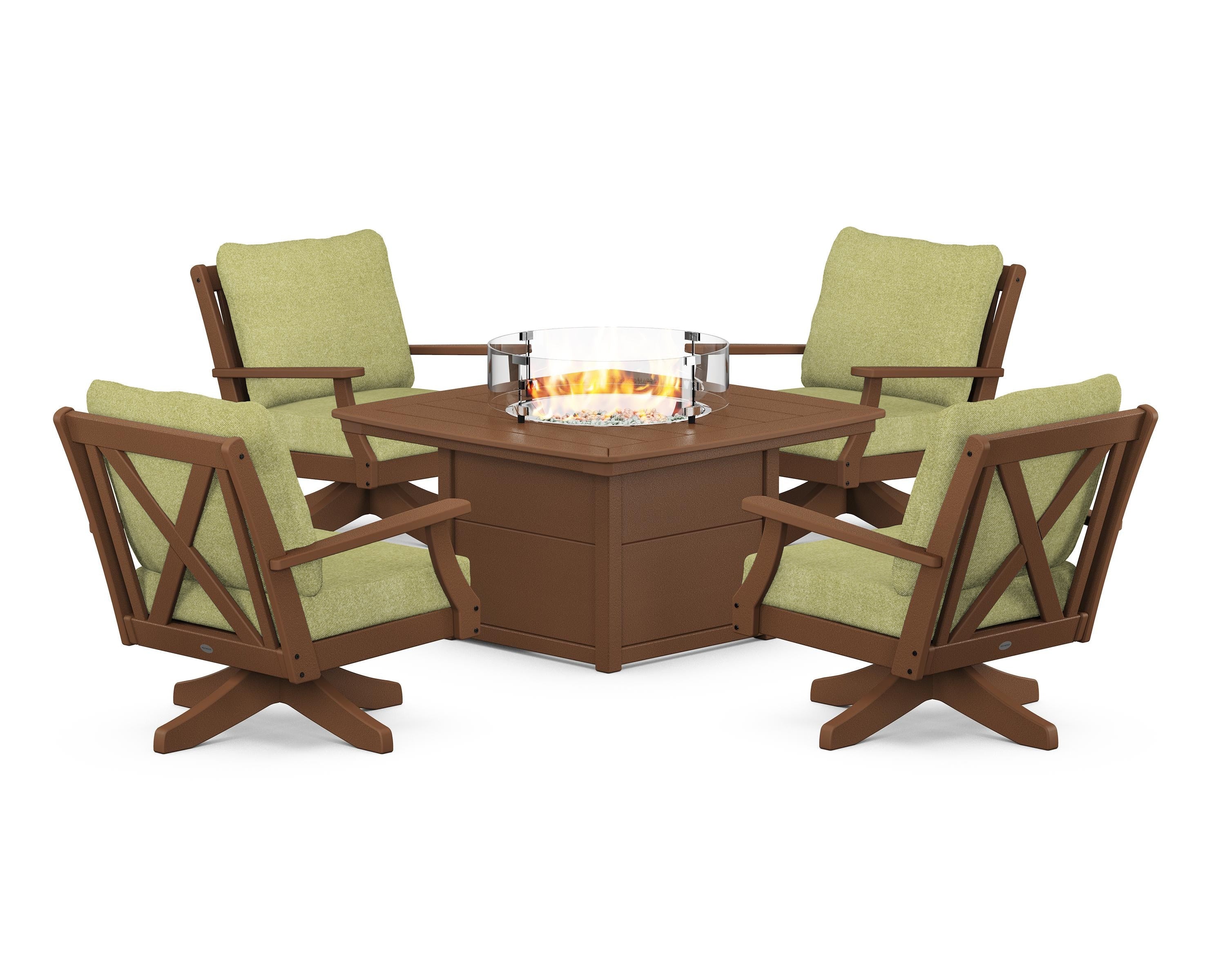 POLYWOOD Braxton 5-Piece Deep Seating Swivel Conversation Set with Fire Pit Table in Teak / Chartreuse Boucle
