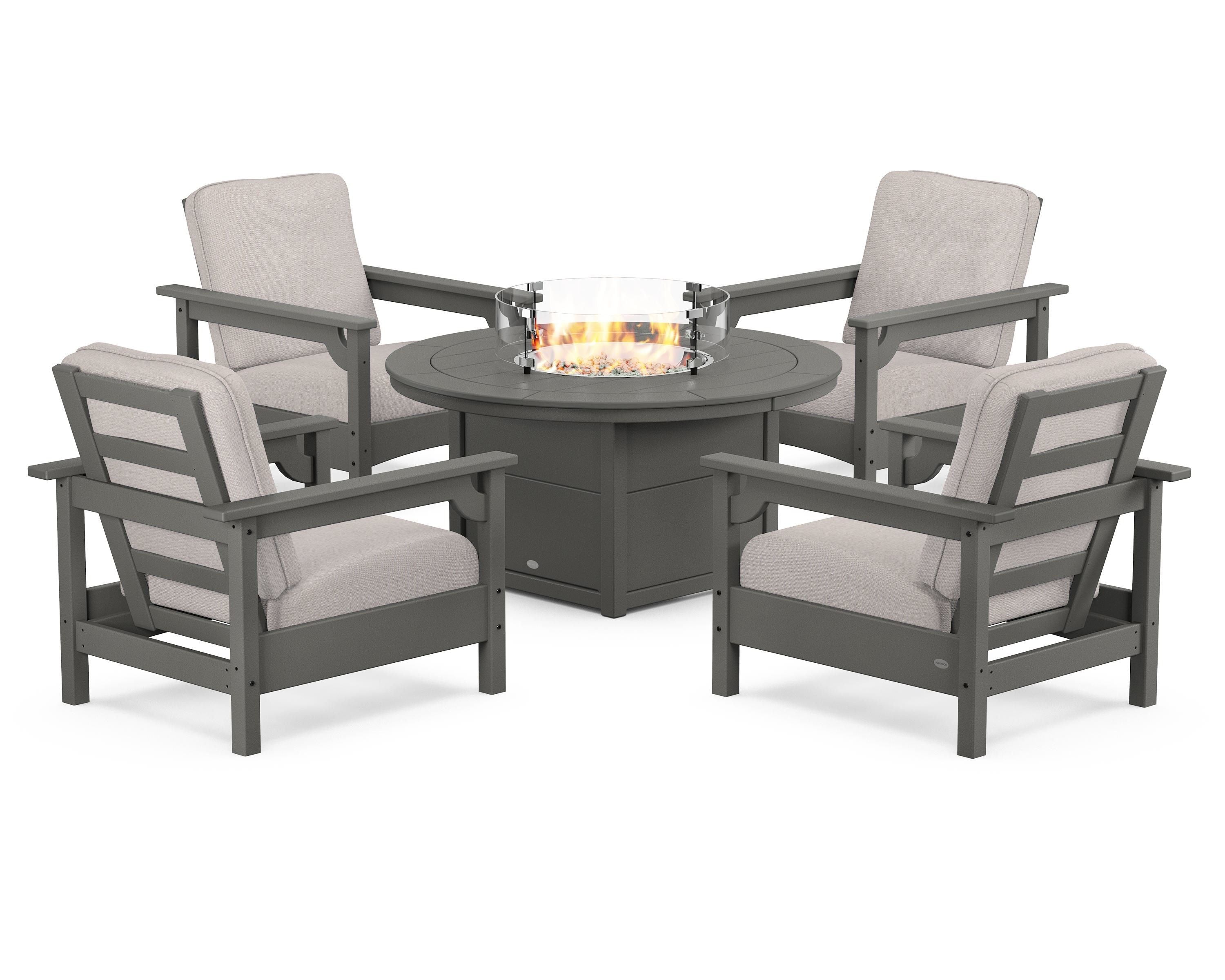 POLYWOOD Club 5-Piece Conversation Set with Fire Pit Table in Slate Grey / Dune Burlap