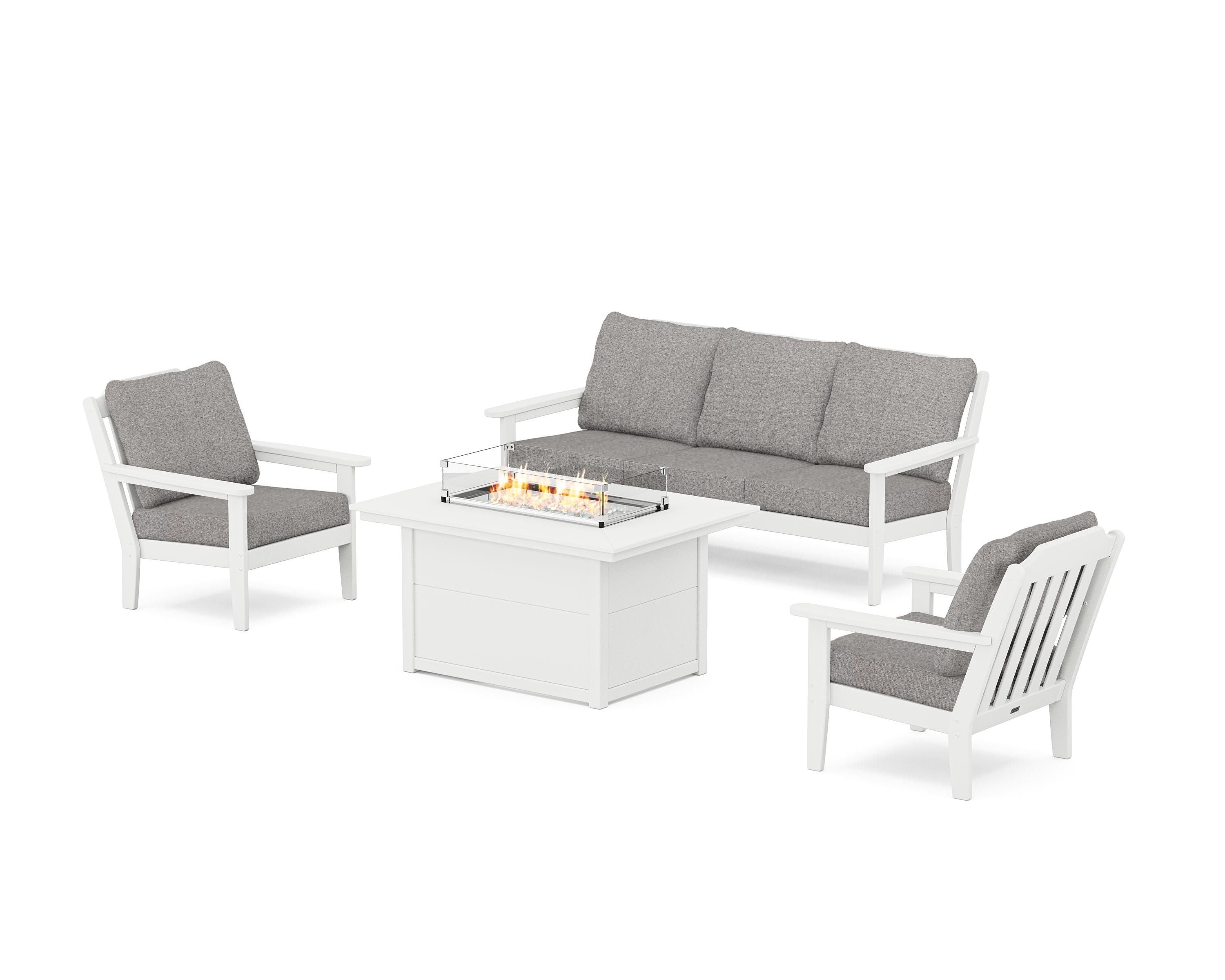 Country Living Cottage Deep Seating Fire Pit Table Set in White / Grey Mist