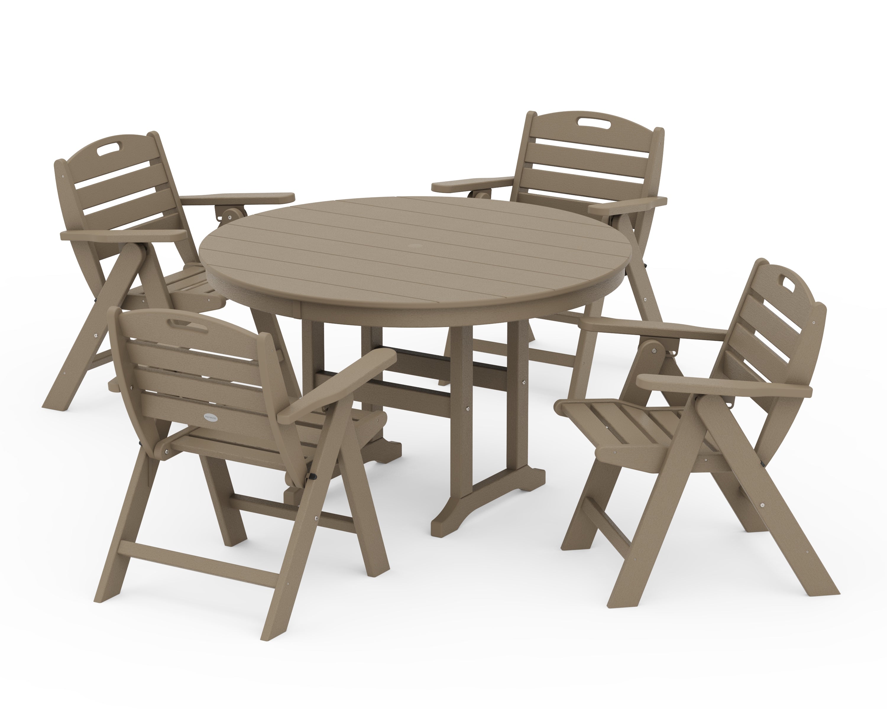 POLYWOOD Nautical Folding Lowback Chair 5-Piece Round Farmhouse Dining Set in Vintage Sahara