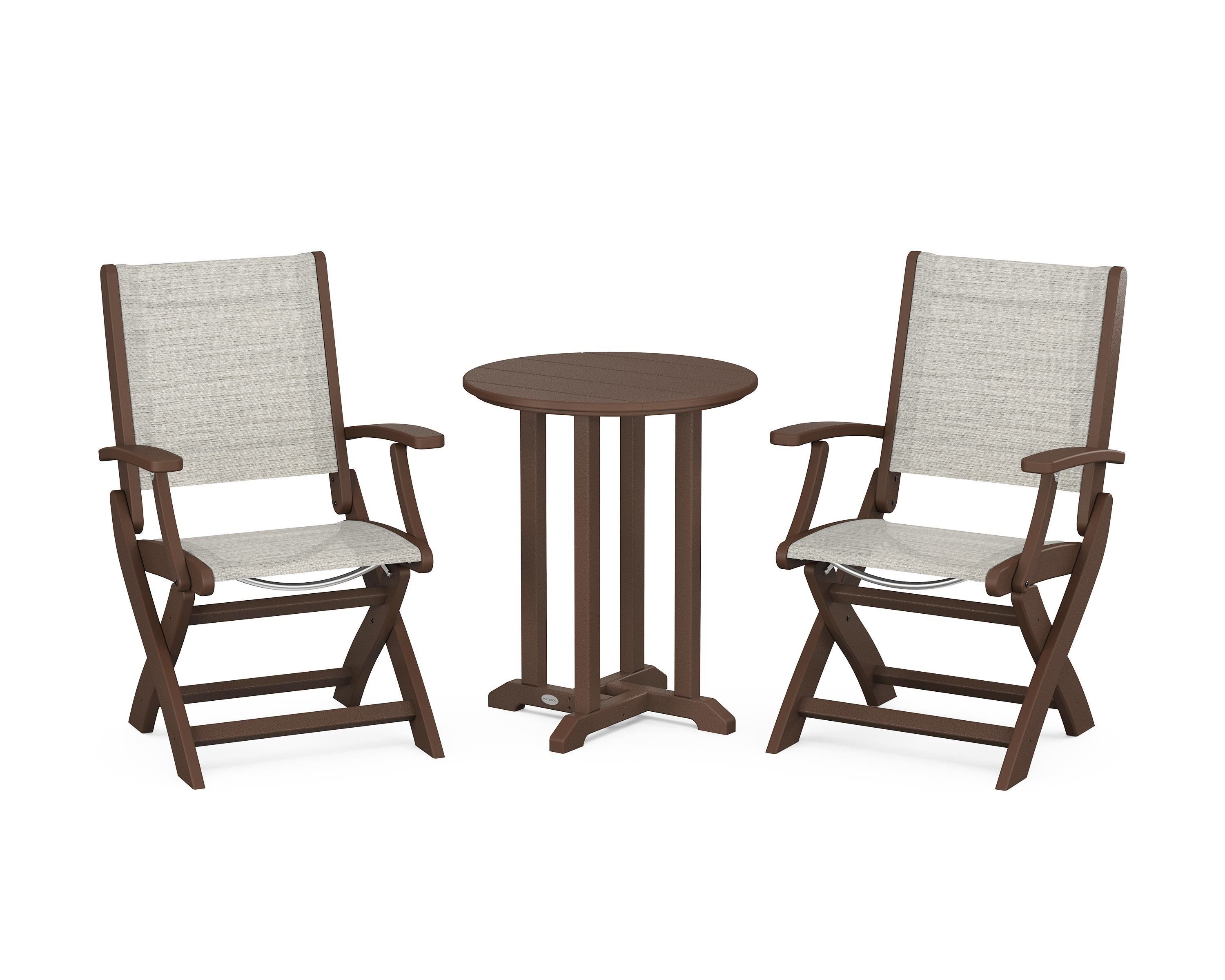 POLYWOOD Coastal Folding 3-Piece Round Bistro Dining Set in Mahogany / Birch Sling