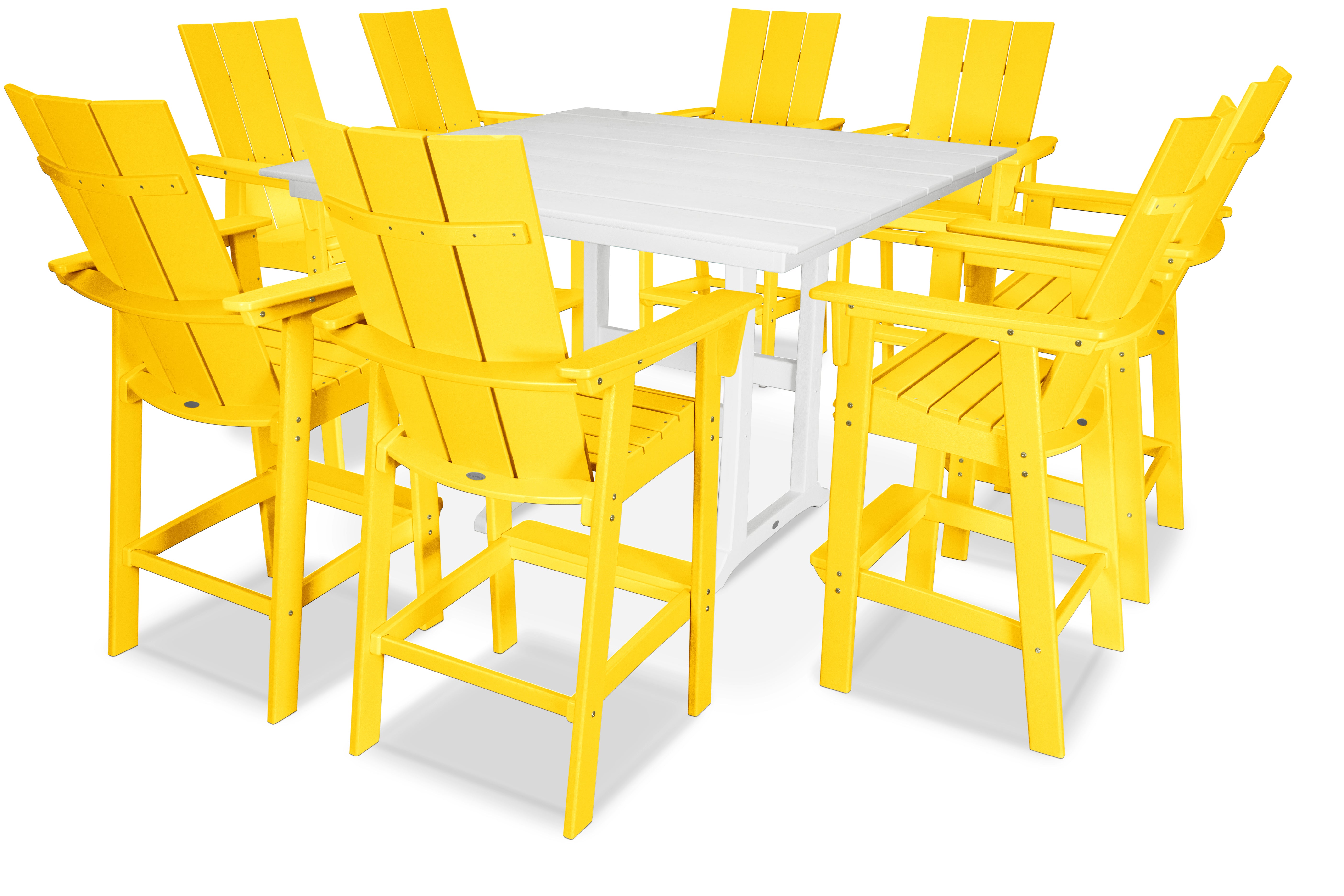 POLYWOOD® Modern Curveback Adirondack 9-Piece Farmhouse Trestle Bar Set in Lemon / White