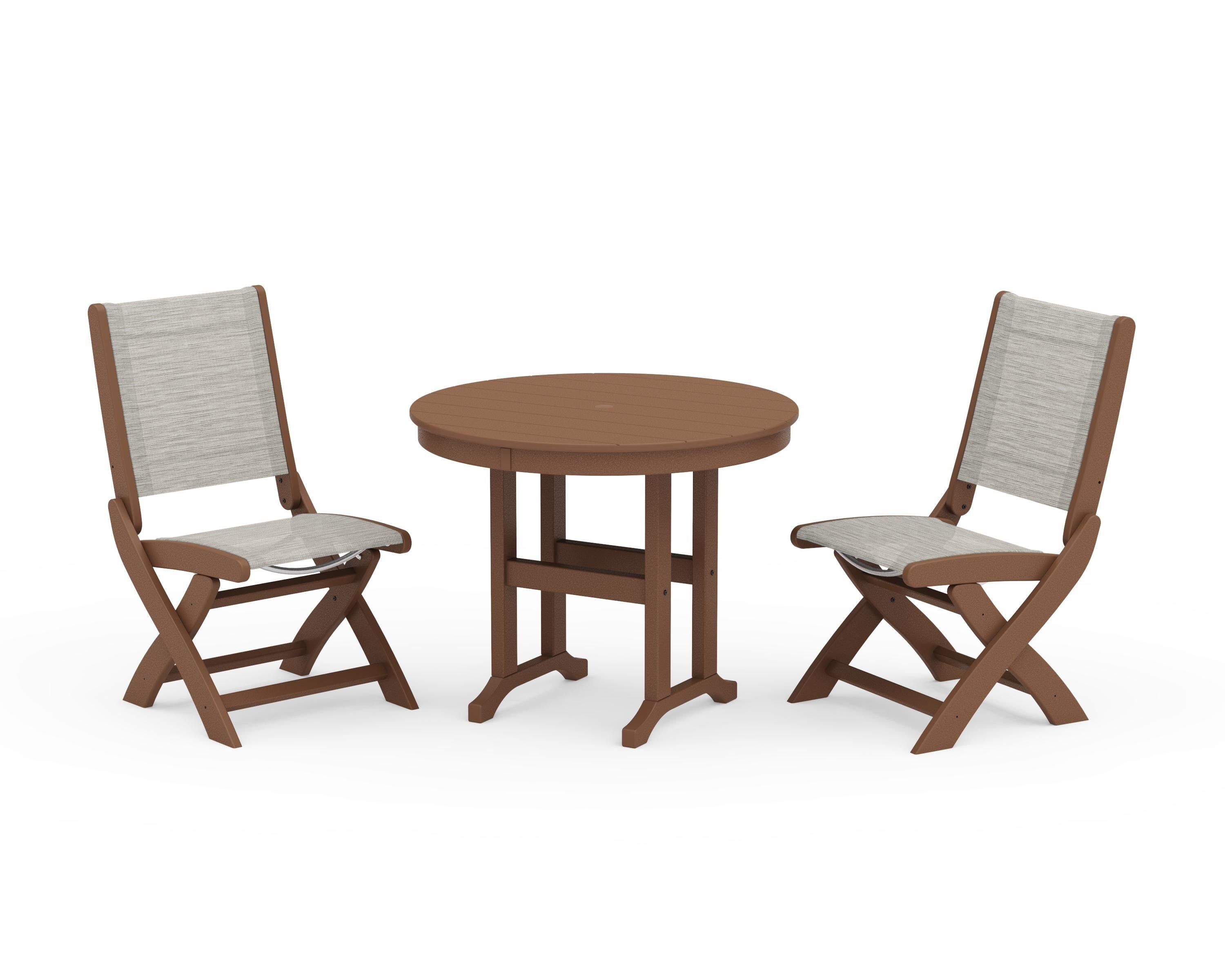 POLYWOOD Coastal Folding Side Chair 3-Piece Round Dining Set in Teak / Birch Sling