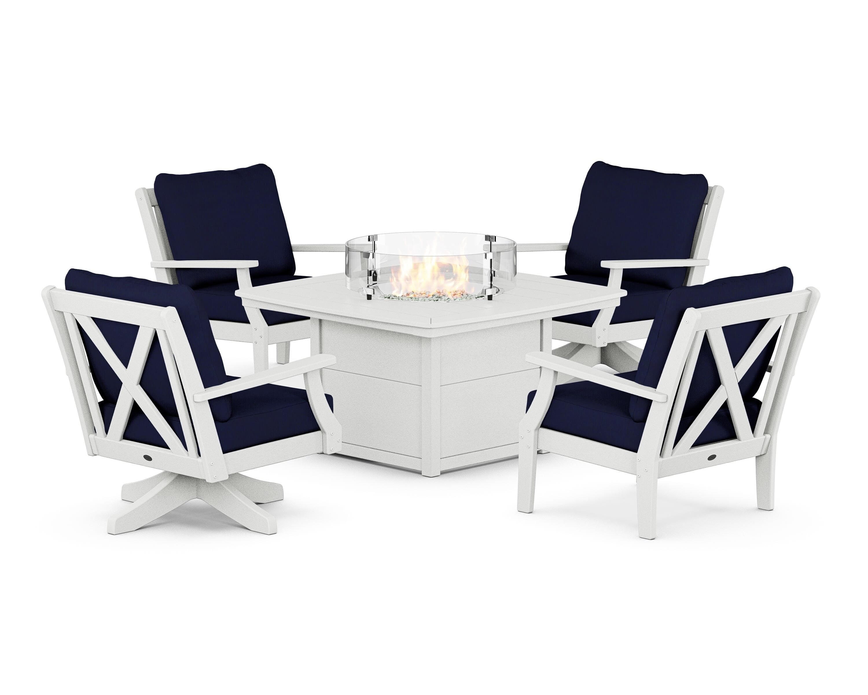 POLYWOOD Braxton 5-Piece Deep Seating Set with Fire Table in Vintage White / Navy