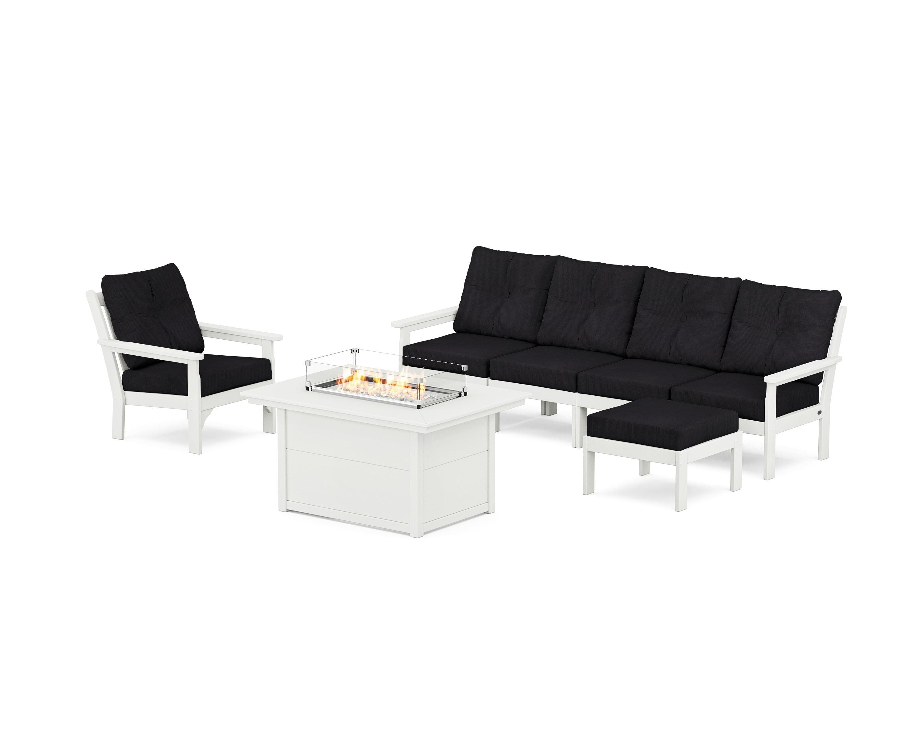 POLYWOOD Vineyard Sectional Lounge and Fire Pit Set in Vintage White / Midnight Linen