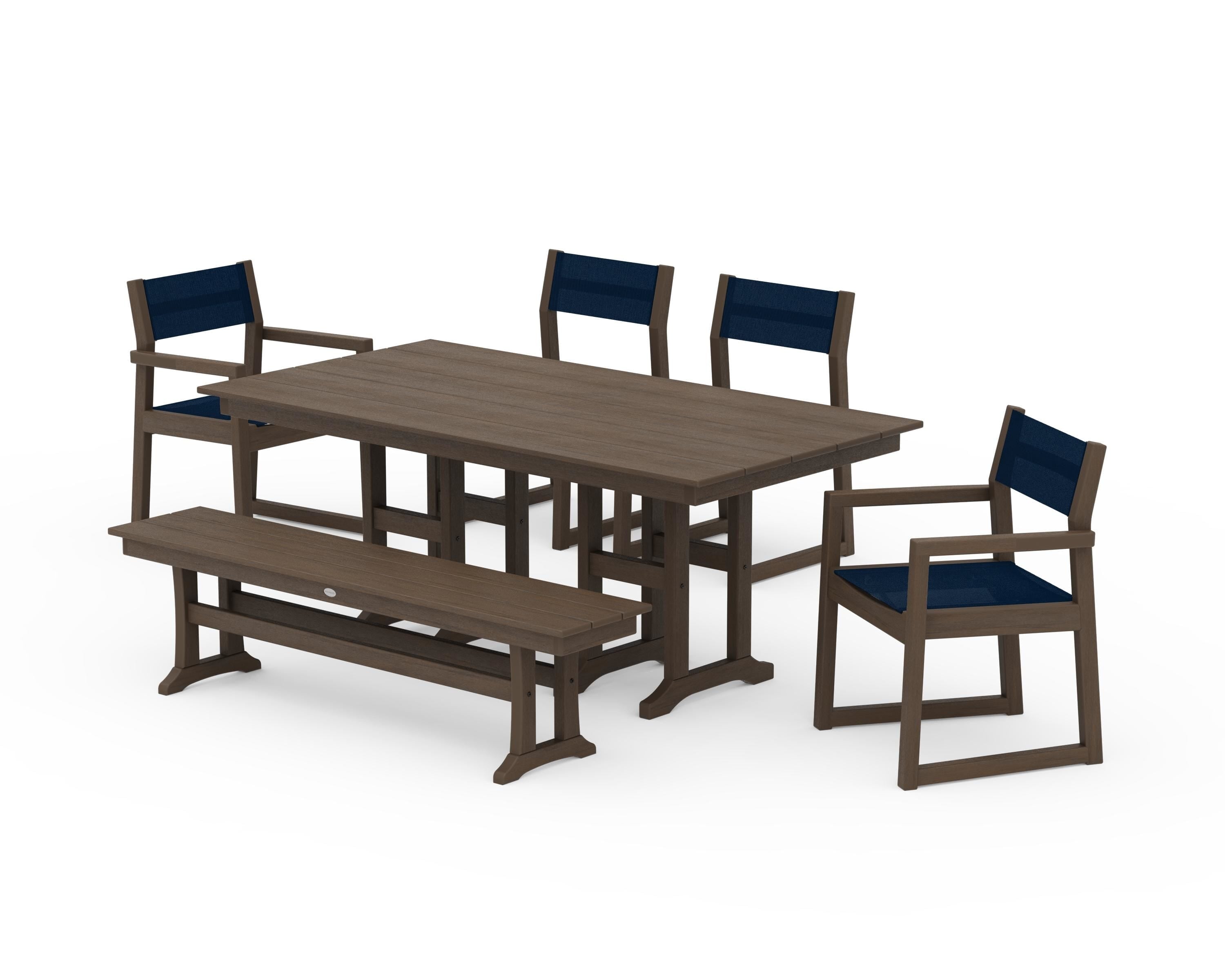 POLYWOOD EDGE Sling 6-Piece Farmhouse Dining Set in Kona / Navy Blue Sling