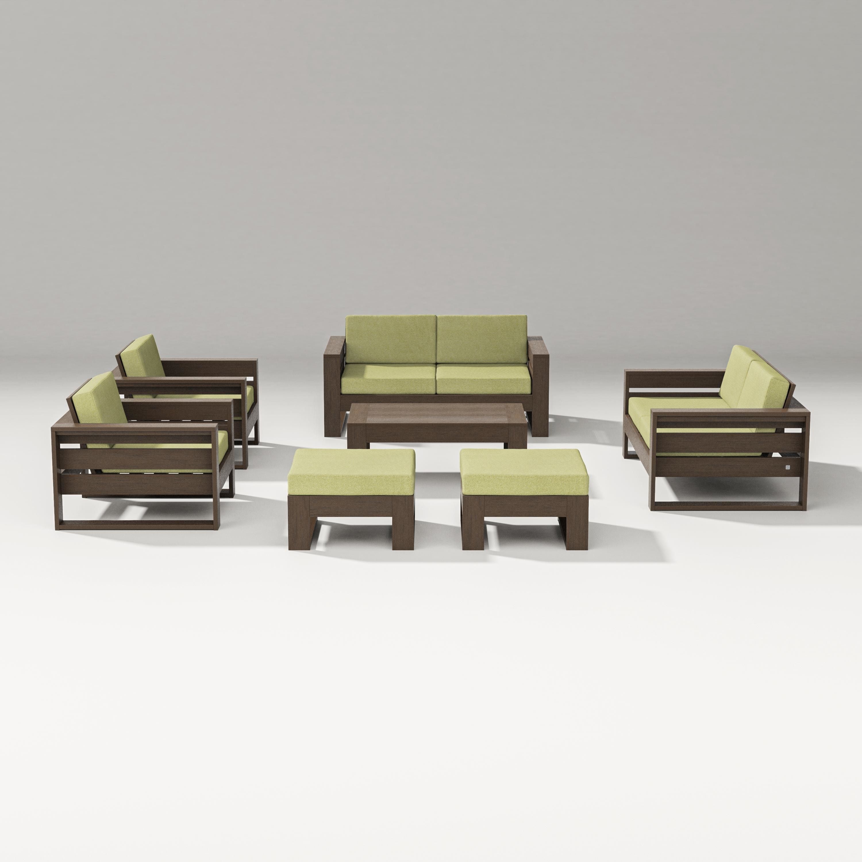 PW Designer Series Latitude 7-Piece Lounge Loveseat Set in Kona / Chartreuse Boucle