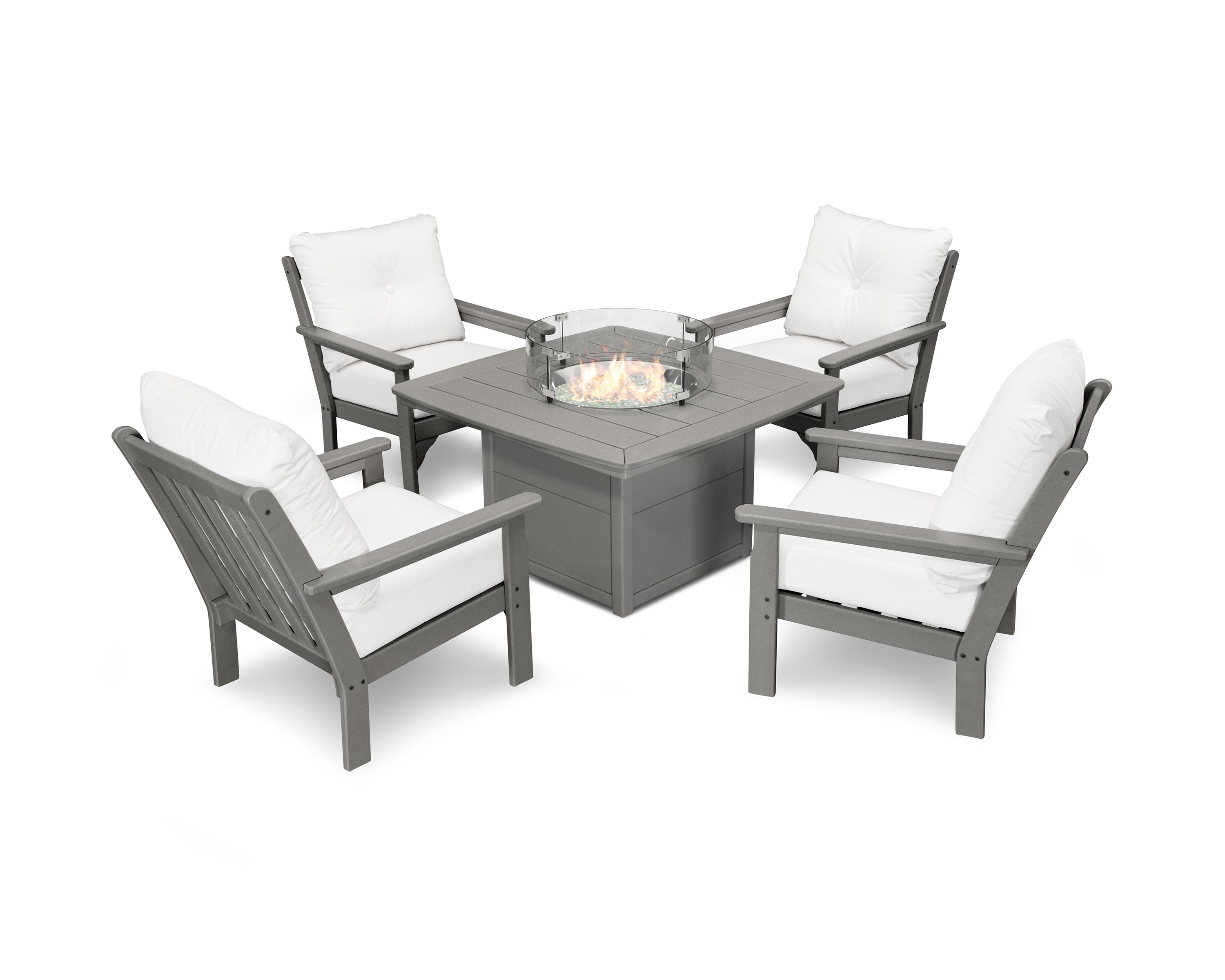 POLYWOOD Vineyard 5-Piece Conversation Set with Fire Pit Table in Slate Grey / Natural