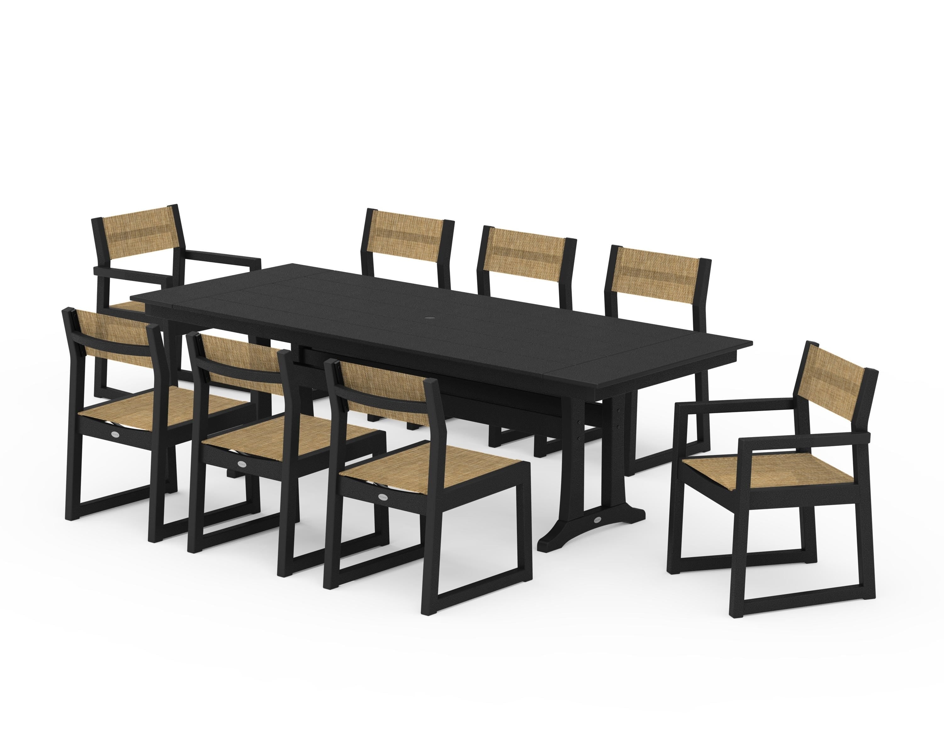 POLYWOOD EDGE Sling 9-Piece Farmhouse Trestle Dining Set in Black / Burlap Sling