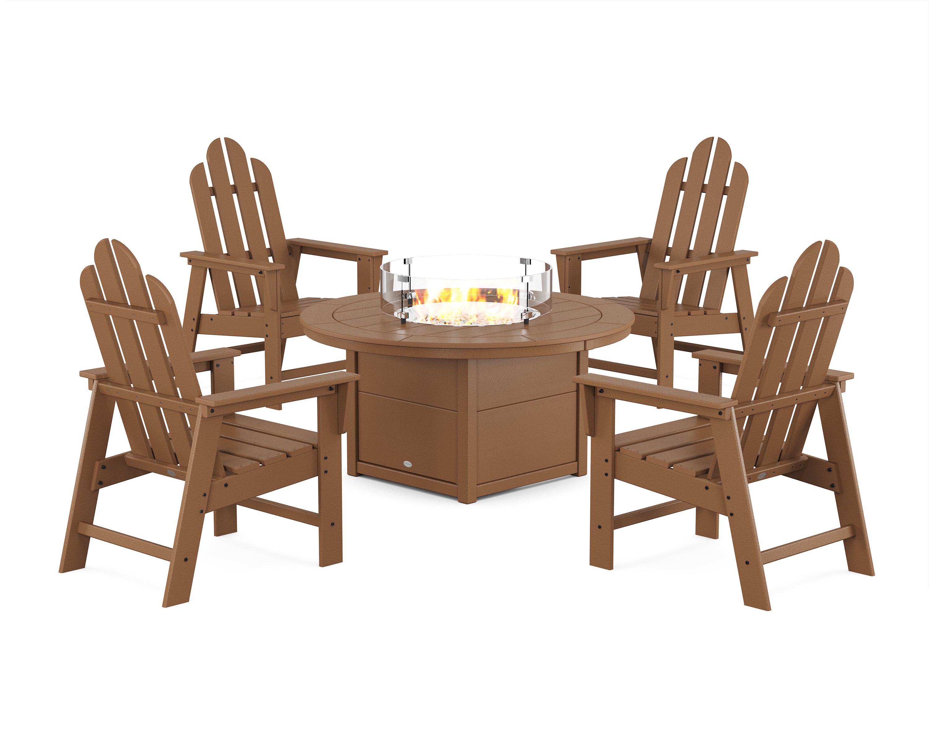 POLYWOOD Long Island 4-Piece Upright Adirondack Conversation Set with Fire Pit Table in Teak