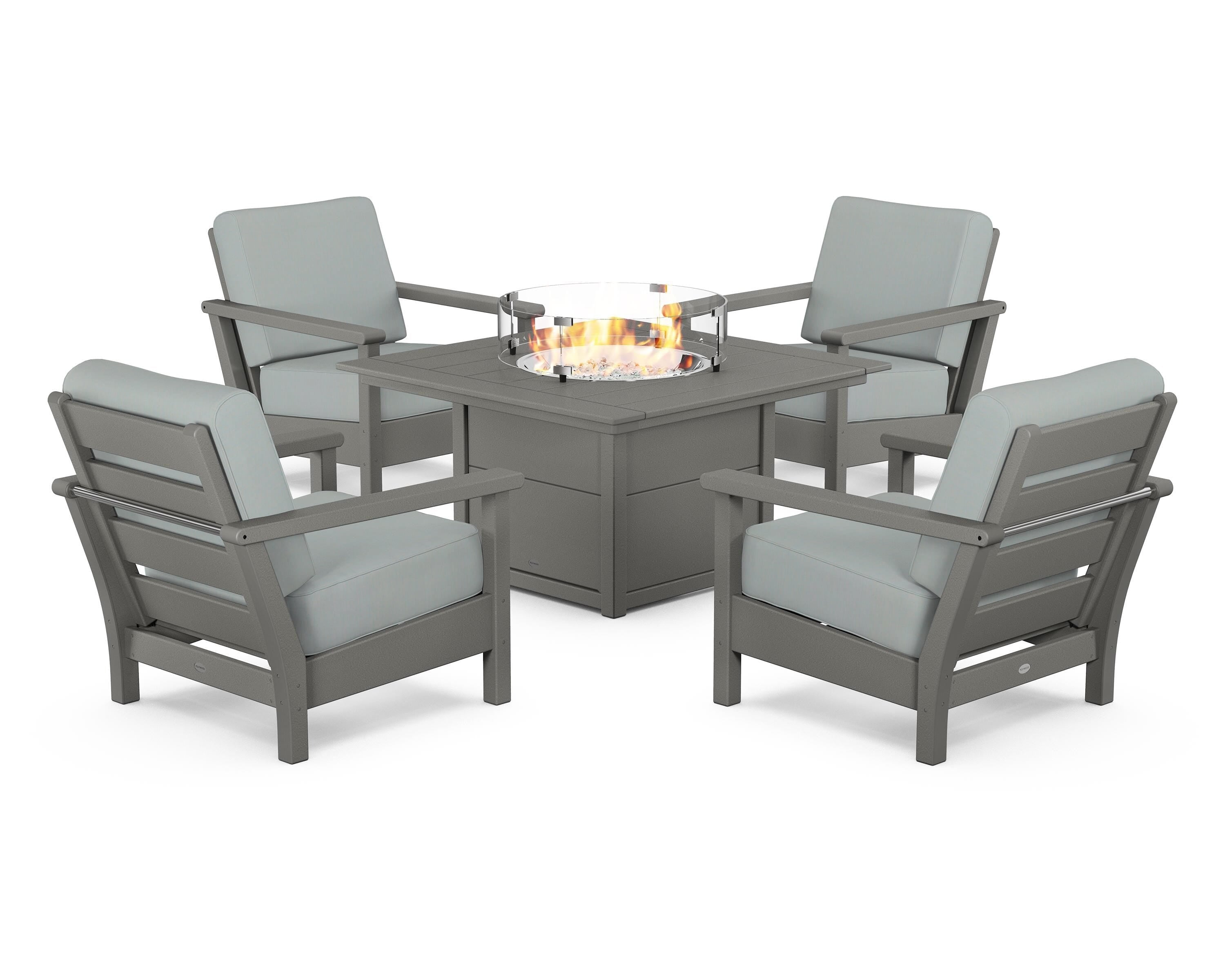POLYWOOD Harbour 5-Piece Conversation Set with Fire Pit Table in Slate Grey / Spa