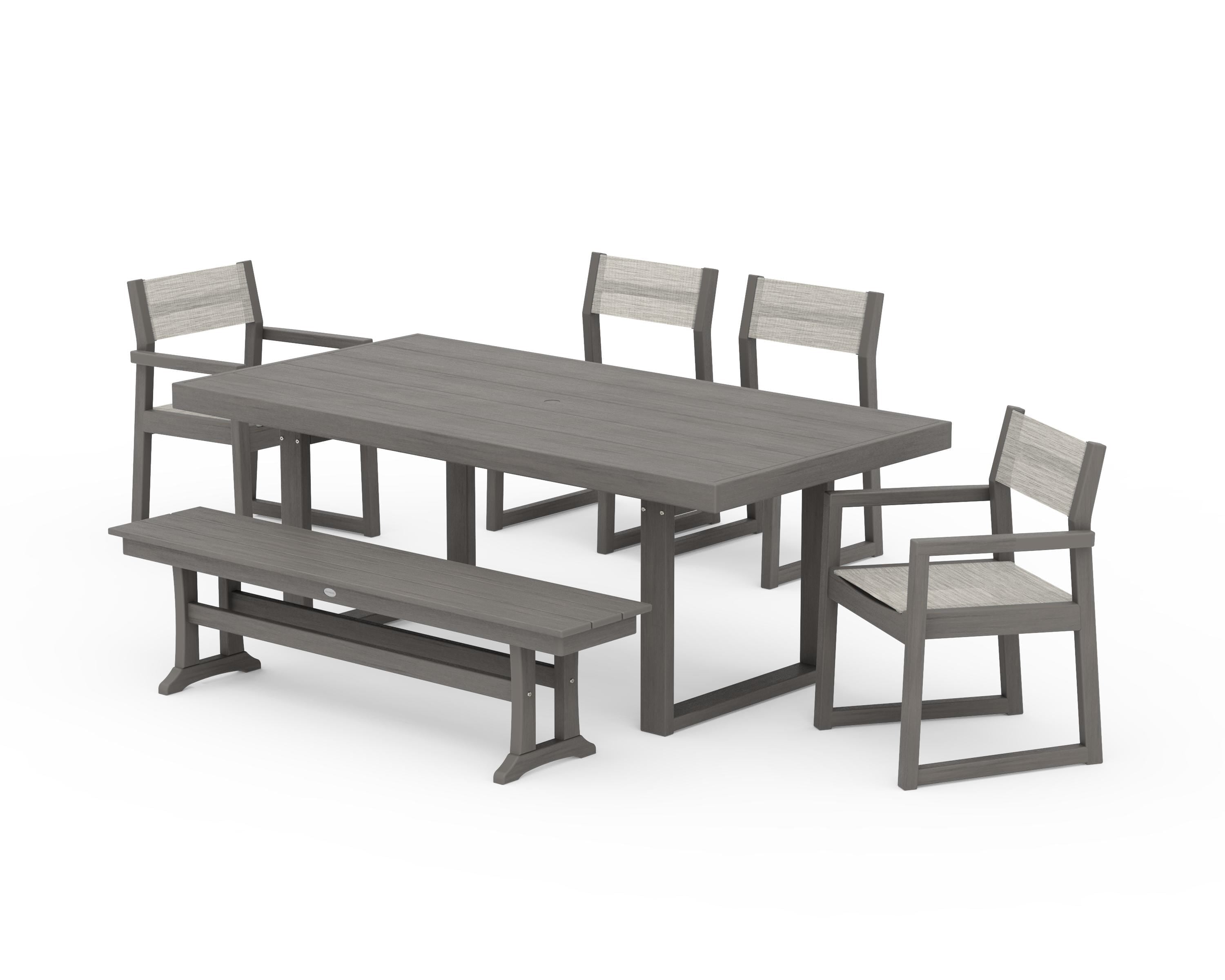 POLYWOOD EDGE Sling 6-Piece Dining Set with Bench in Driftwood / Birch Sling