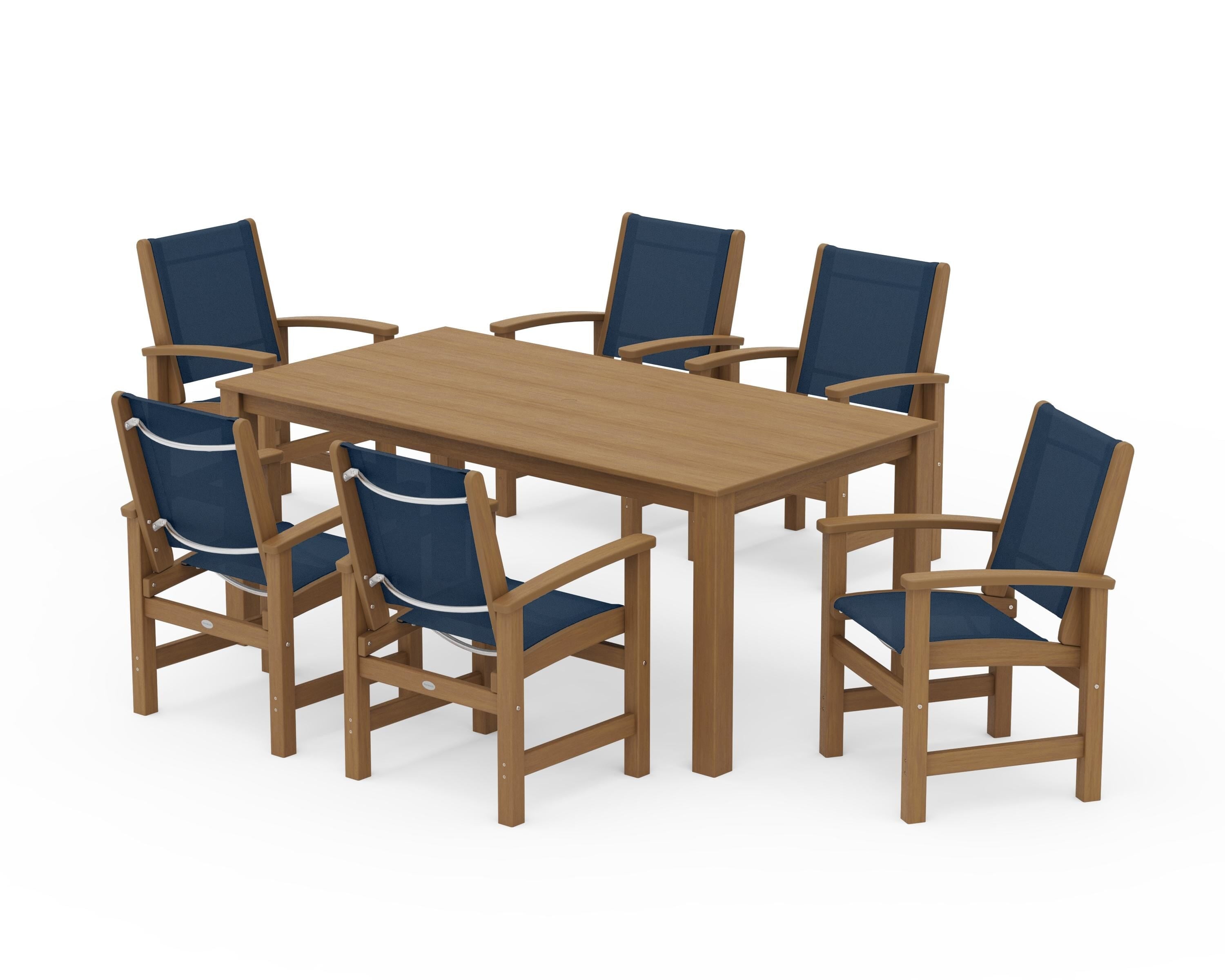 POLYWOOD Coastal 7-Piece Parsons Dining Set in Natural / Navy Blue Sling