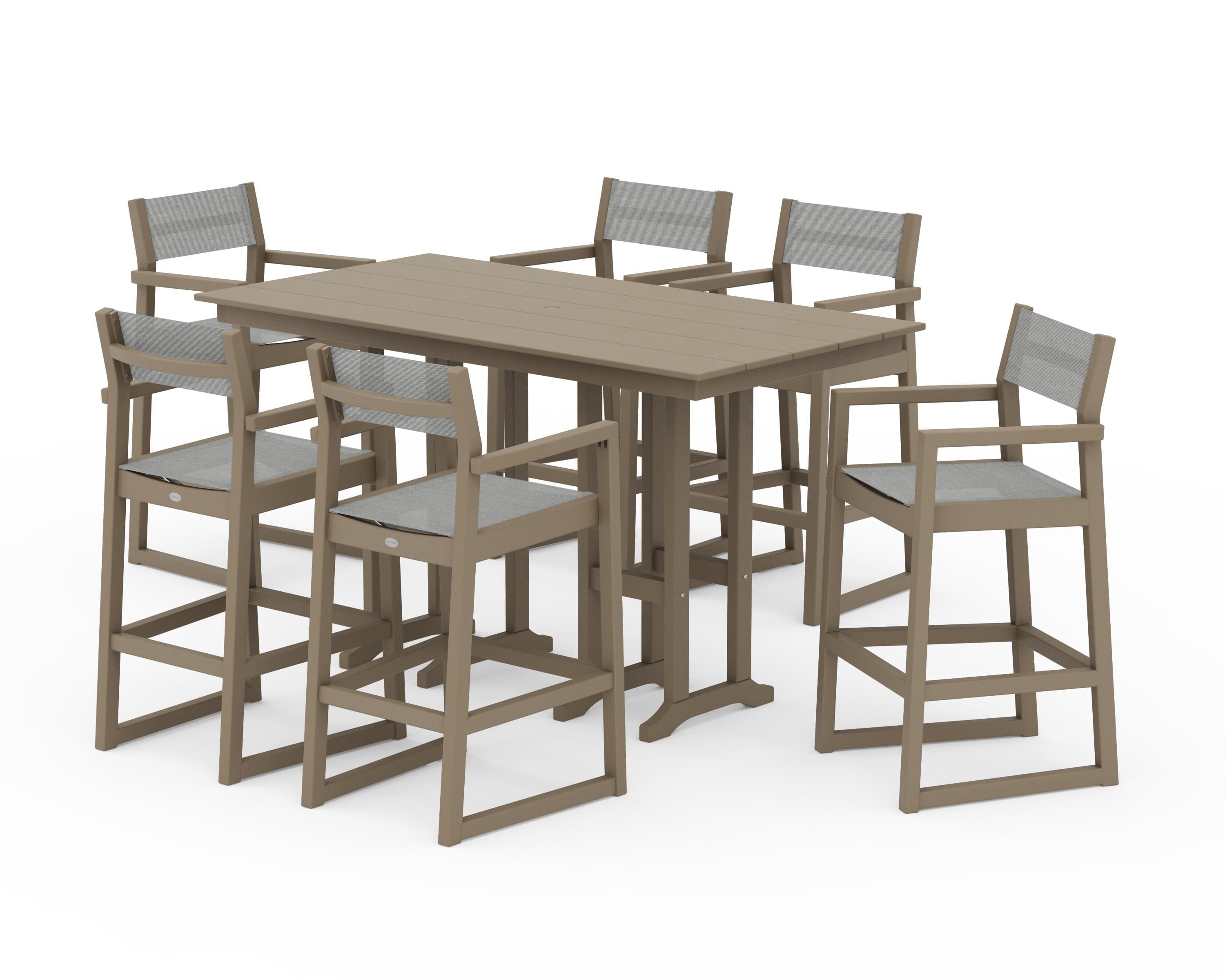 POLYWOOD EDGE Sling Arm Chair 7-Piece Farmhouse Bar Set in Vintage Sahara / Metallic Sling