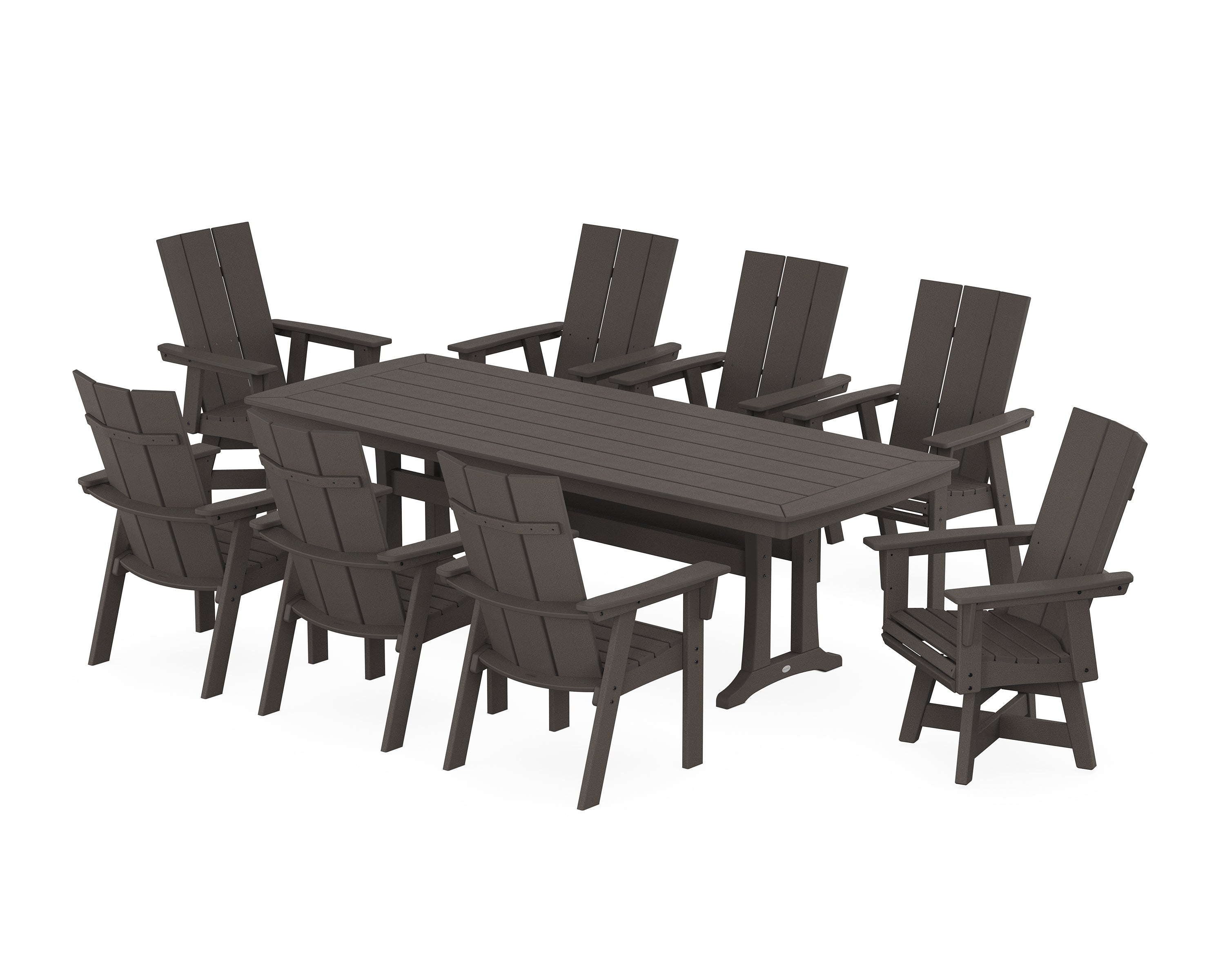 POLYWOOD® Modern Curveback Adirondack Swivel 9-Piece Dining Set with Trestle Legs in Vintage Coffee