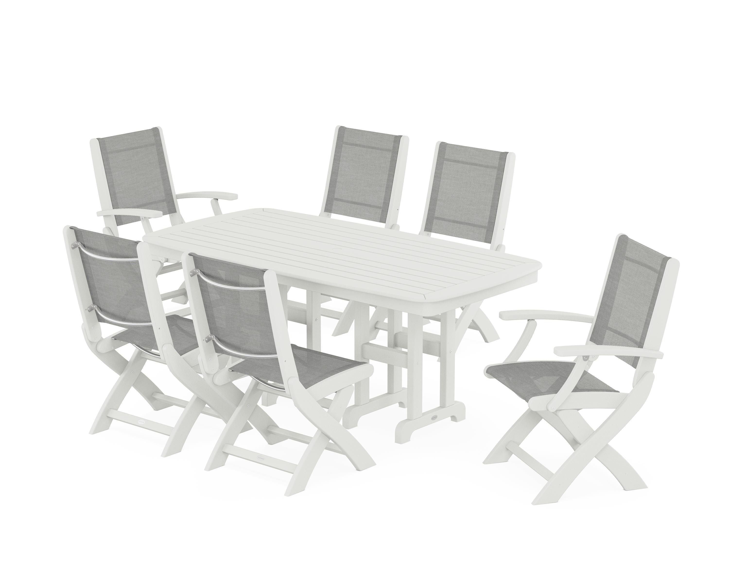 POLYWOOD Coastal Folding Chair 7-Piece Dining Set in Vintage White / Metallic Sling